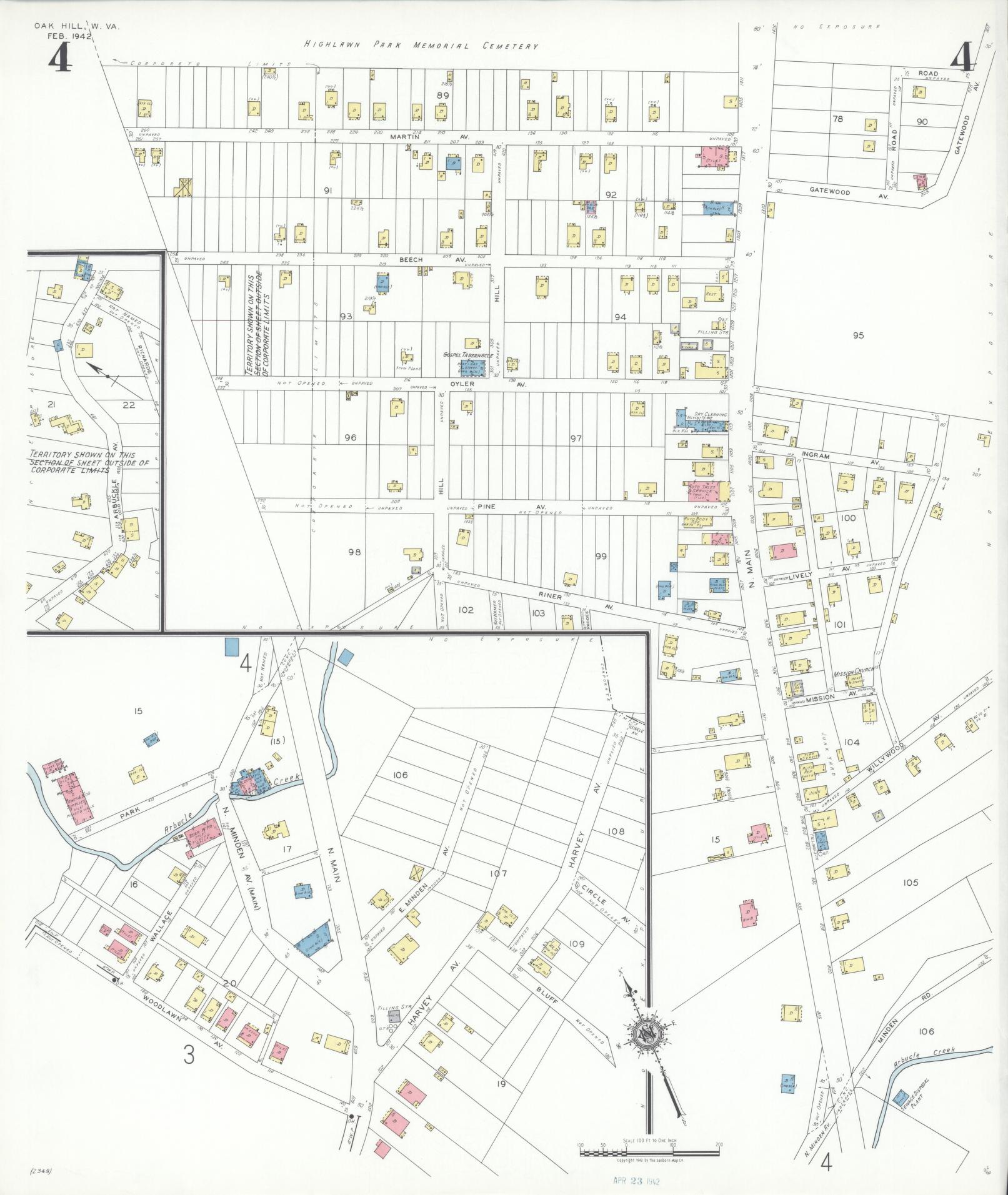 Sanborn Fire Insurance Map from Oak Hill, Fayette County, West Virginia (1942), Sheet #0004 - Complete Map Set gallery image, historic Sanborn map, vintage wall art, West Virginia West Virginia