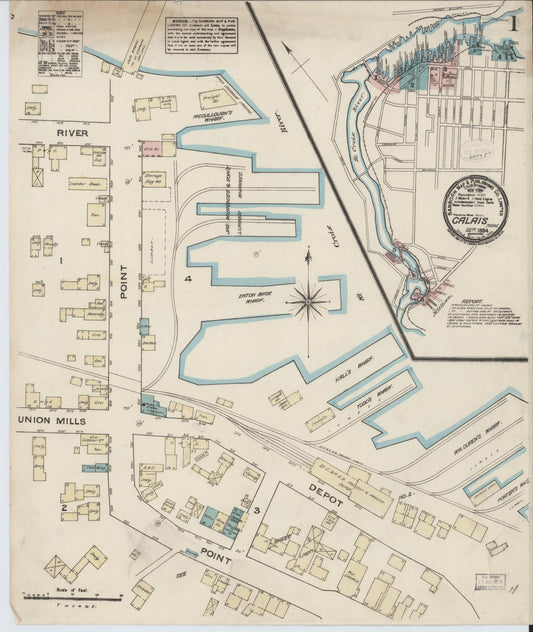 Sanborn Fire Insurance Map from Calais, Washington County, Maine (1884), Sheet #0001 - Complete Map Set gallery image, historic Sanborn map, vintage wall art, Maine Maine