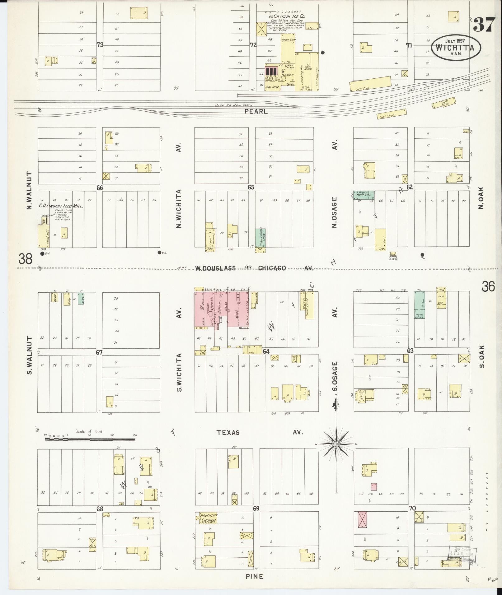 Sanborn Fire Insurance Map from Wichita, Sedgwick County, Kansas (1897), Sheet #0037 - Historic Sanborn Fire Insurance Map Print, vintage old map wall art, antique decor, genealogy gift, Kansas Kansas map