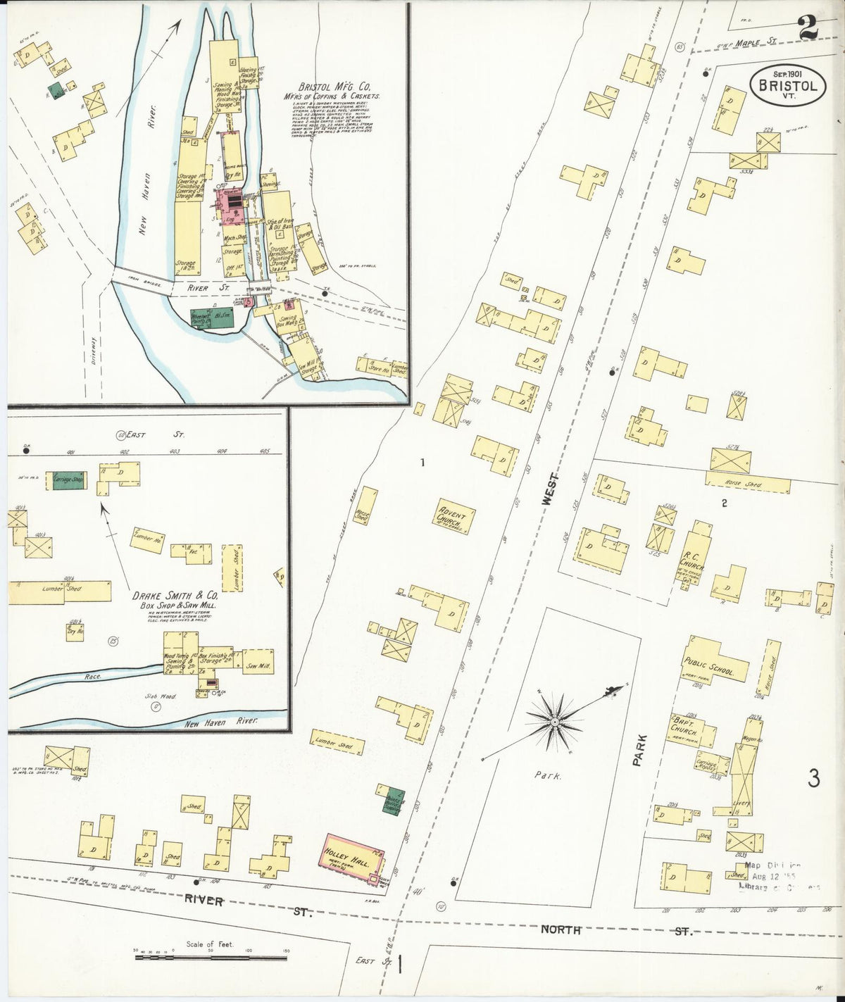 Sanborn Fire Insurance Map from Bristol, Addison County, Vermont (1901), Sheet #0002 - Historic Sanborn Fire Insurance Map Print, vintage old map wall art, antique decor, genealogy gift, Vermont Vermont map