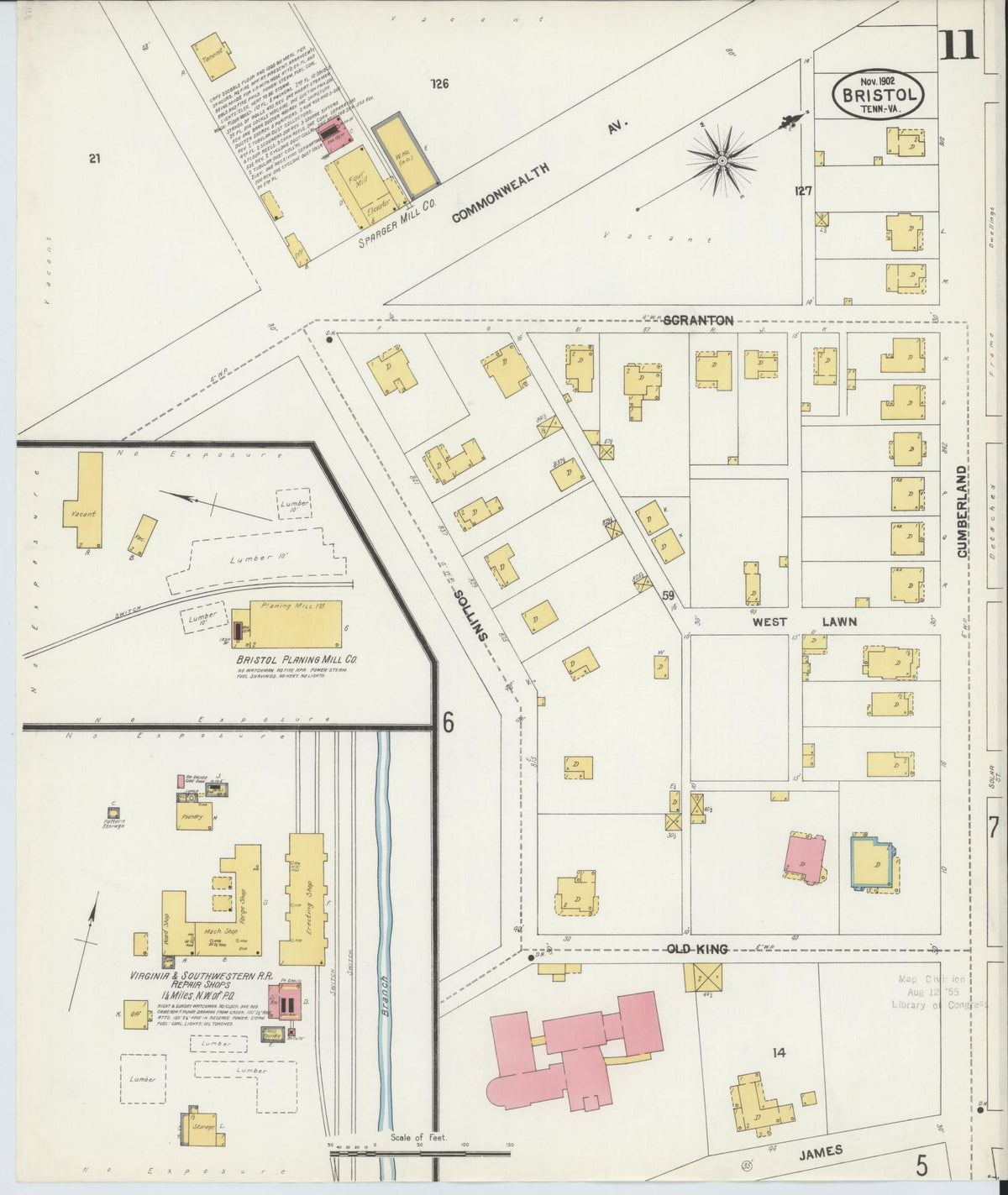 Sanborn Fire Insurance Map from Bristol, Sullivan County, Tennessee (1902), Sheet #0011 - Historic Sanborn Fire Insurance Map Print, vintage old map wall art, antique decor, genealogy gift, Tennessee Tennessee map