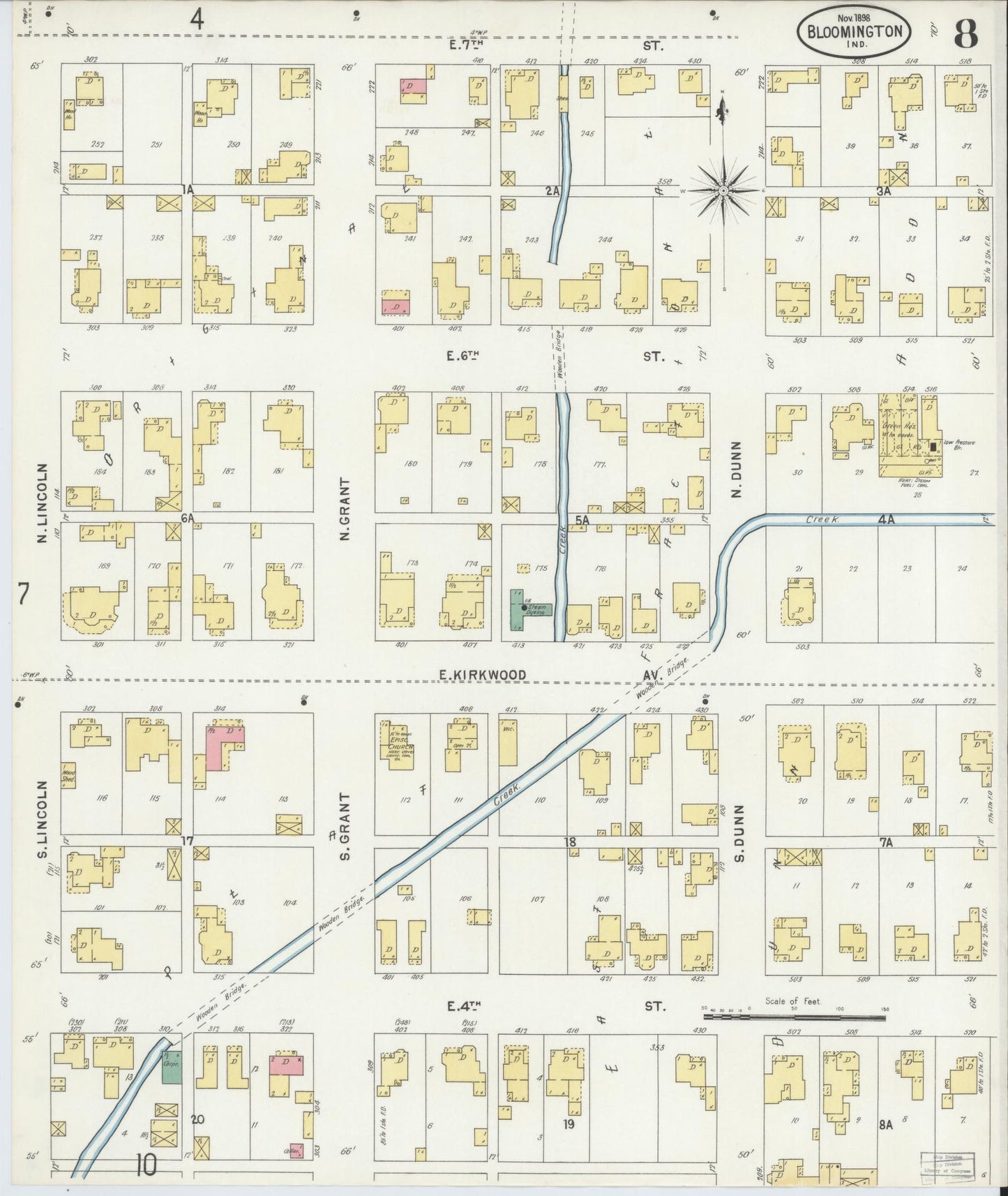 Sanborn Fire Insurance Map from Bloomington, Monroe County, Indiana (1898), Sheet #0008 - Historic Sanborn Fire Insurance Map Print, vintage old map wall art, antique decor, genealogy gift, Indiana Indiana map