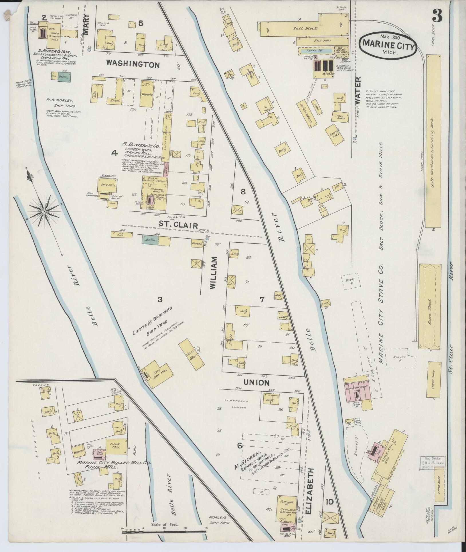 Sanborn Fire Insurance Map from Marine City, Saint Clair County, Michigan (1890), Sheet #0003 - Complete Map Set gallery image, historic Sanborn map, vintage wall art, Michigan Michigan