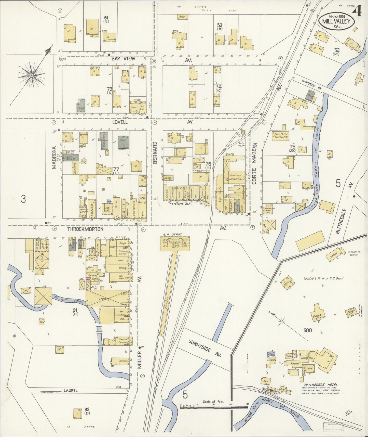 Sanborn Fire Insurance Map from Mill Valley, Marin County, California (1908), Sheet #0004 - Historic Sanborn Fire Insurance Map Print, vintage old map wall art, antique decor, genealogy gift, California California map