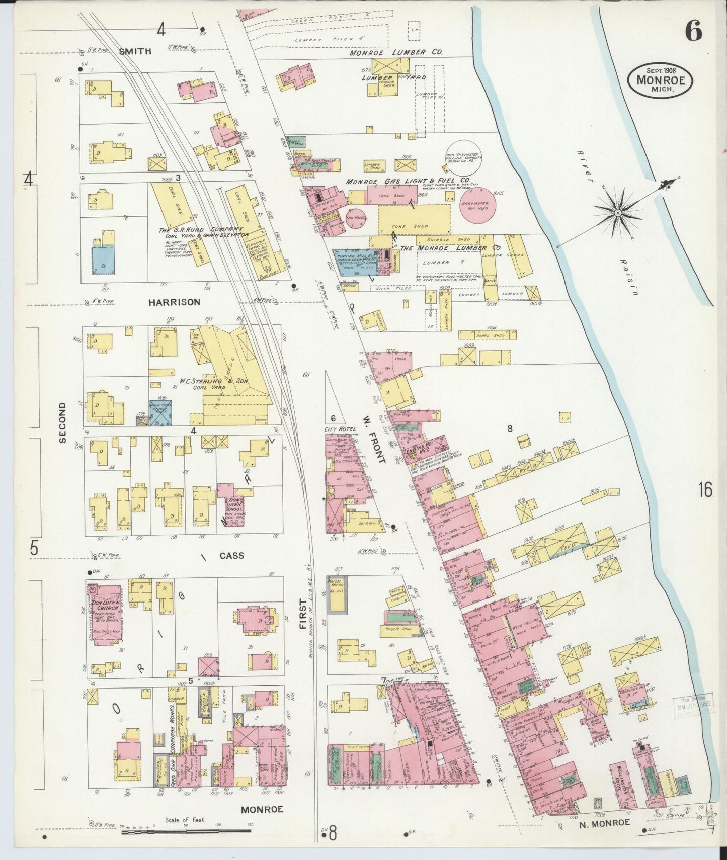 Sanborn Fire Insurance Map from Monroe, Monroe County, Michigan (1908), Sheet #0006 - Historic Sanborn Fire Insurance Map Print, vintage old map wall art, antique decor, genealogy gift, Michigan Michigan map
