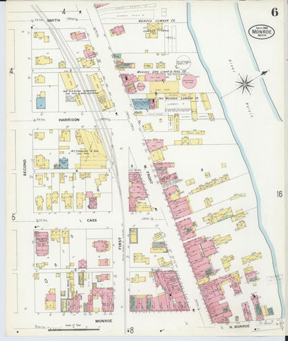 Sanborn Fire Insurance Map from Monroe, Monroe County, Michigan (1908), Sheet #0006 - Historic Sanborn Fire Insurance Map Print, vintage old map wall art, antique decor, genealogy gift, Michigan Michigan map