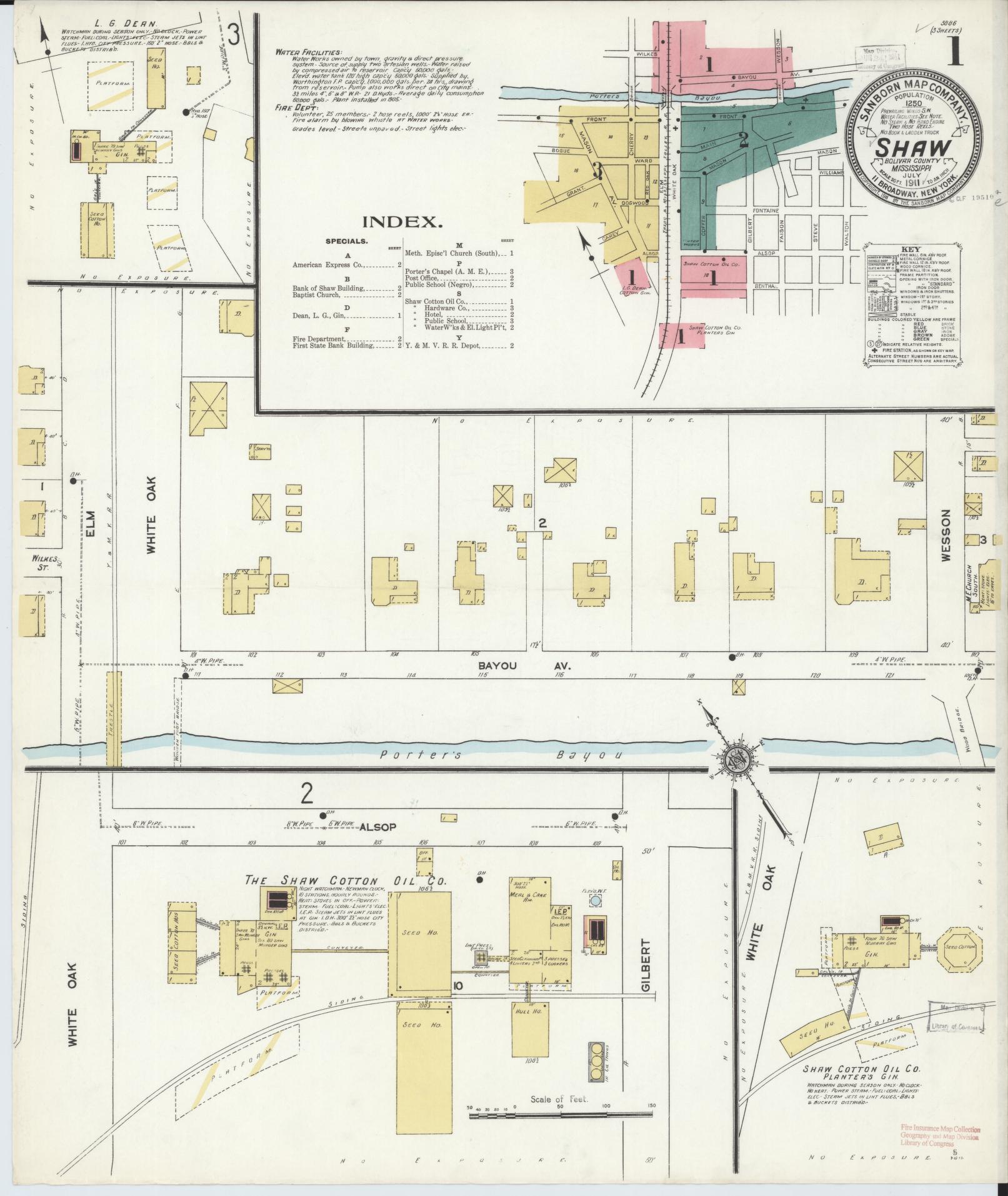 Sanborn Fire Insurance Map from Shaw, Bolivar County, Mississippi (1911), Sheet #0001 - Historic Sanborn Fire Insurance Map Print, vintage old map wall art, antique decor, genealogy gift, Mississippi Mississippi map