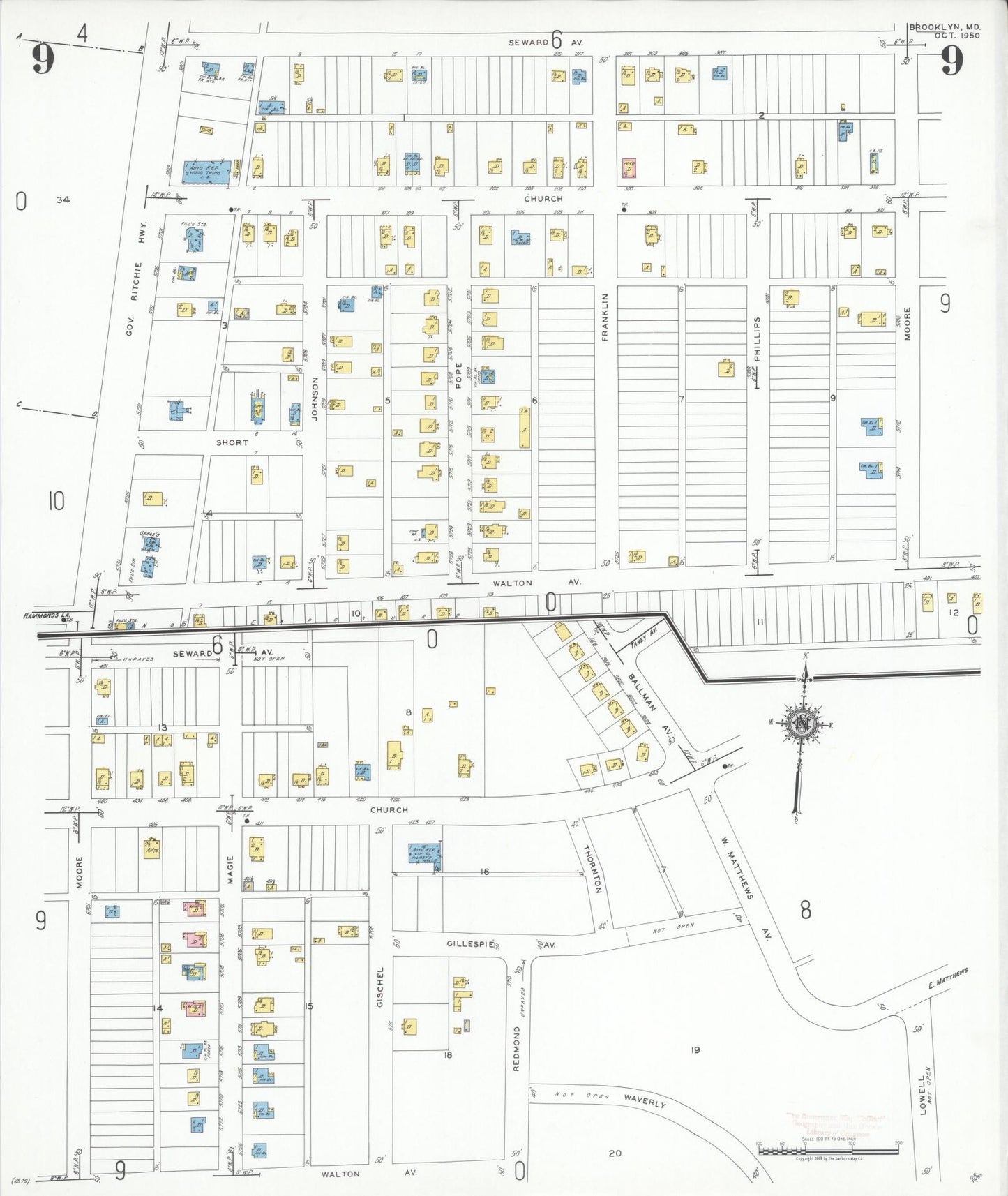 Anne Arundel, Maryland - 1950 - Sanborn Fire Insurance Map, Sheet #0009 - Historic Sanborn Fire Insurance Map Print, Anne Arundel Maryland 1950 0009 vintage old map wall art