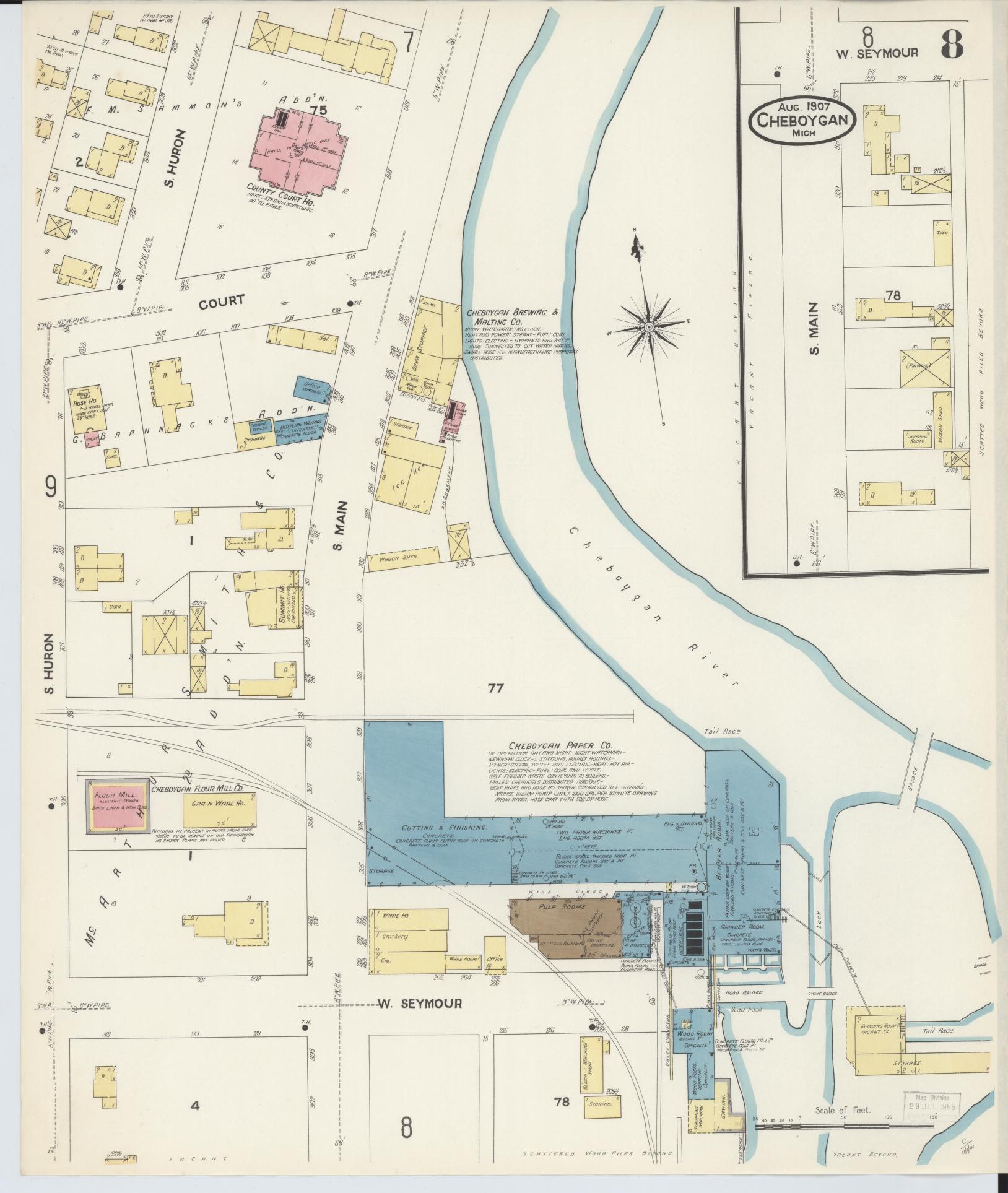 Sanborn Fire Insurance Map from Cheboygan, Cheboygan County, Michigan (1907), Sheet #0008 - Complete Map Set gallery image, historic Sanborn map, vintage wall art, Michigan Michigan