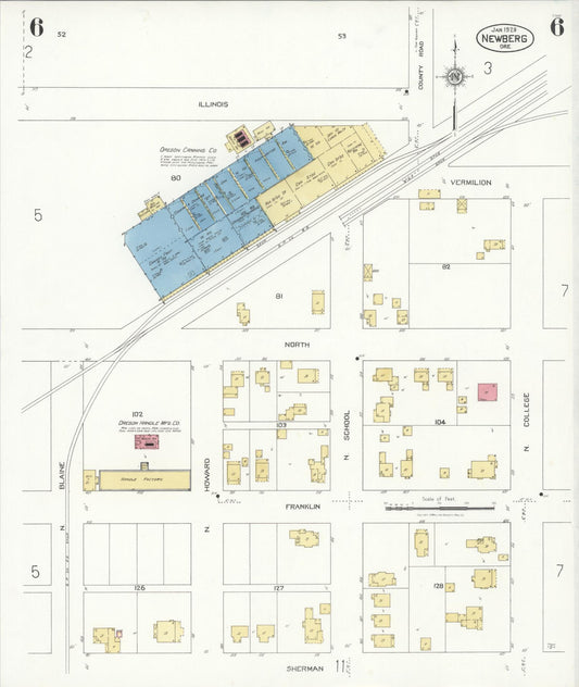Sanborn Fire Insurance Map from Newberg, Yamhill County, Oregon (1929), Sheet #0006 - Historic Sanborn Fire Insurance Map Print, vintage old map wall art, antique decor, genealogy gift, Oregon Oregon map