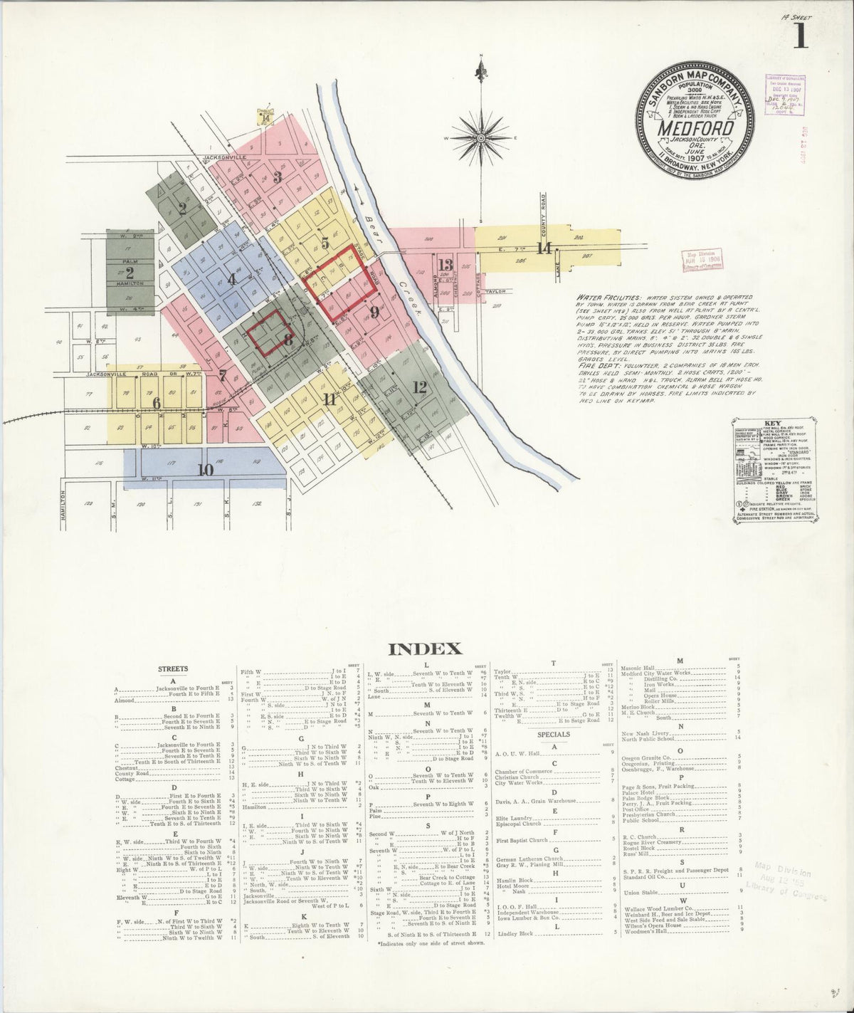 Sanborn Fire Insurance Map from Medford, Jackson County, Oregon (1907), Sheet #0001 - Historic Sanborn Fire Insurance Map Print, vintage old map wall art, antique decor, genealogy gift, Oregon Oregon map