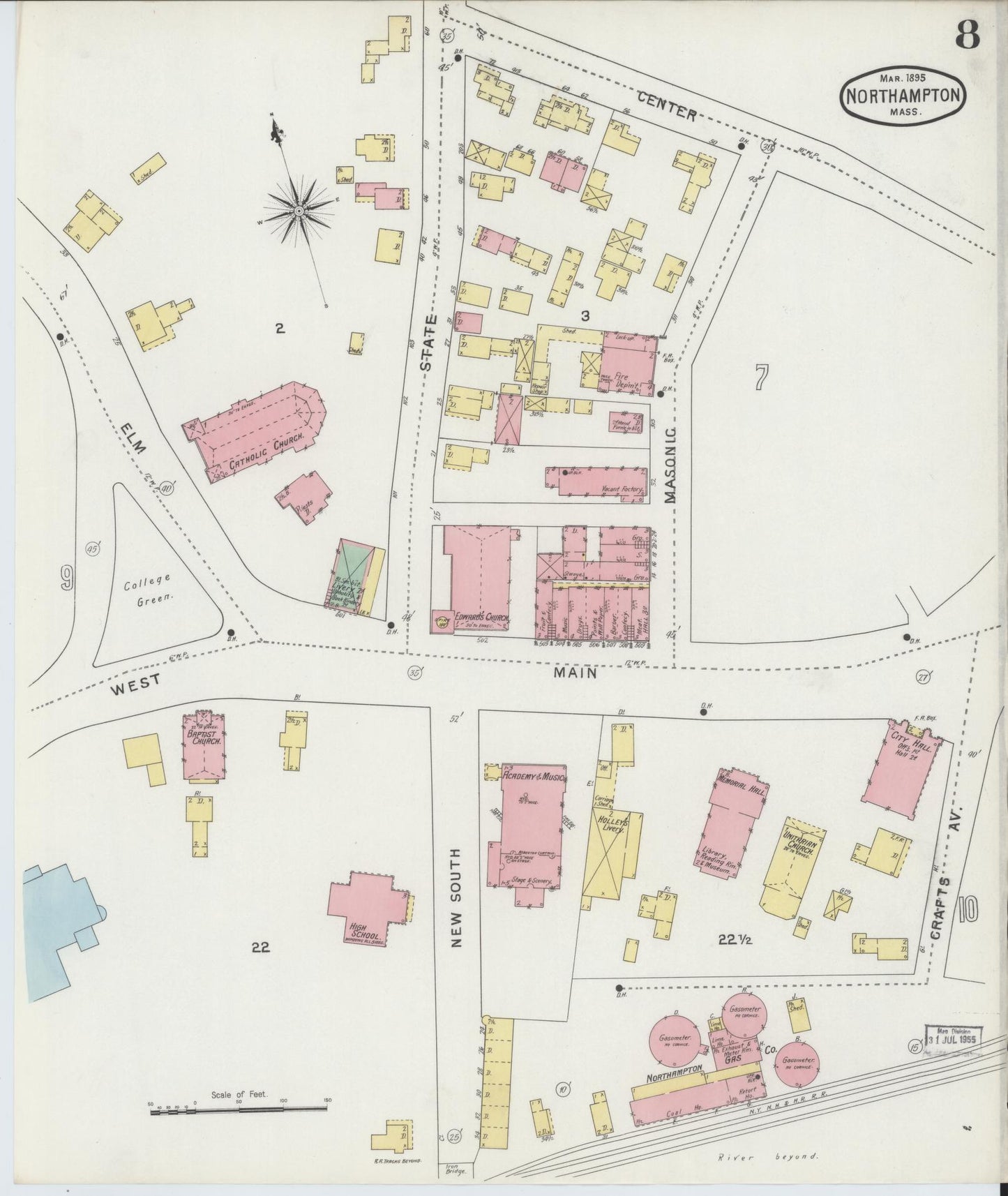 Sanborn Fire Insurance Map from Northampton, Hampshire County, Massachusetts (1895), Sheet #0008 - Complete Map Set gallery image, historic Sanborn map, vintage wall art, Massachusetts Massachusetts