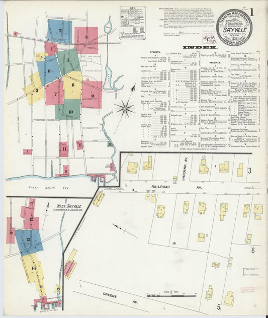 Sanborn Fire Insurance Map from Sayville, Suffolk County, New York (1909), Sheet #0001 - Complete Map Set gallery image, historic Sanborn map, vintage wall art, New York New York