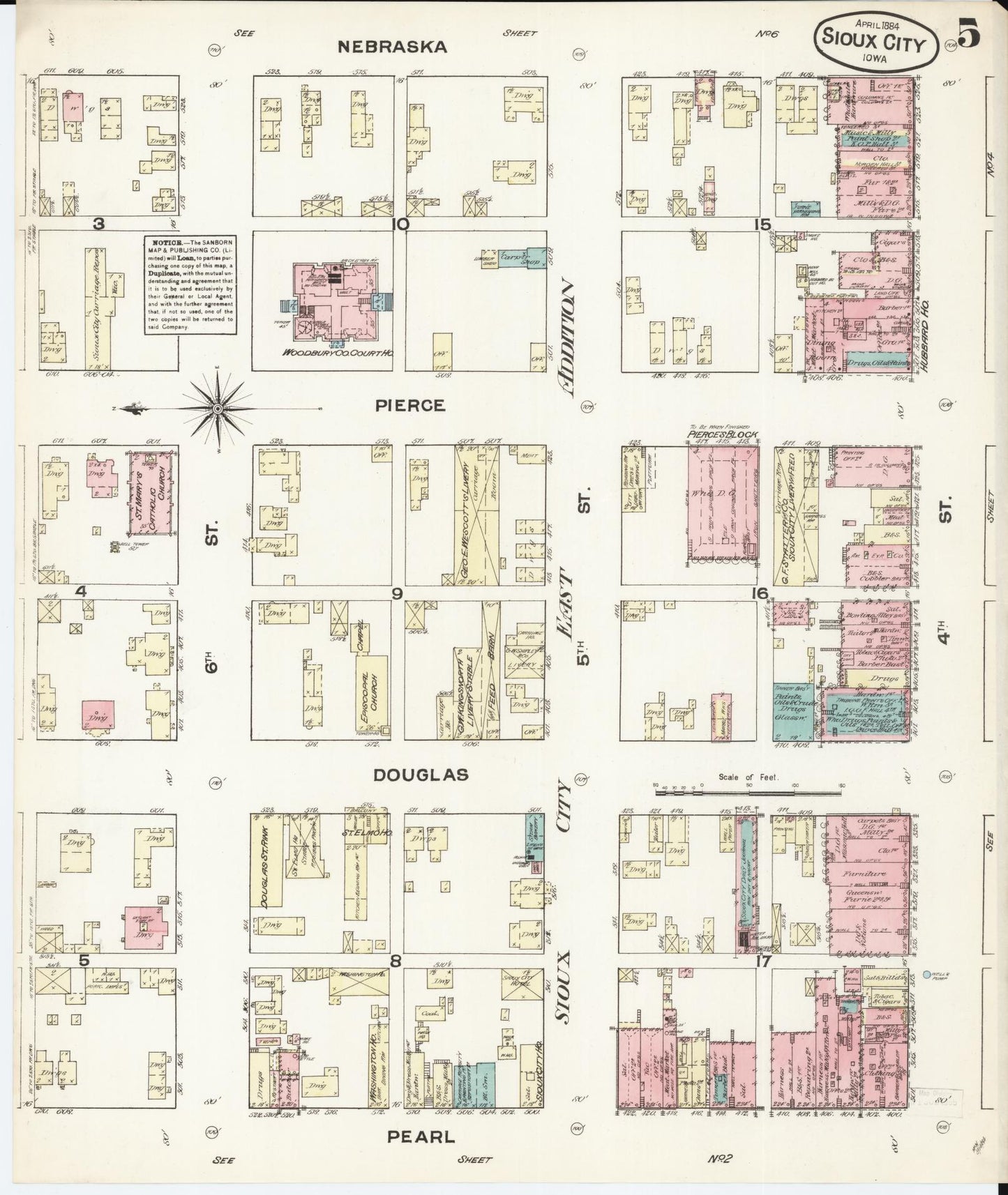 Sanborn Fire Insurance Map from Sioux City, Woodbury County, Iowa (1884), Sheet #0005 - Historic Sanborn Fire Insurance Map Print, vintage old map wall art