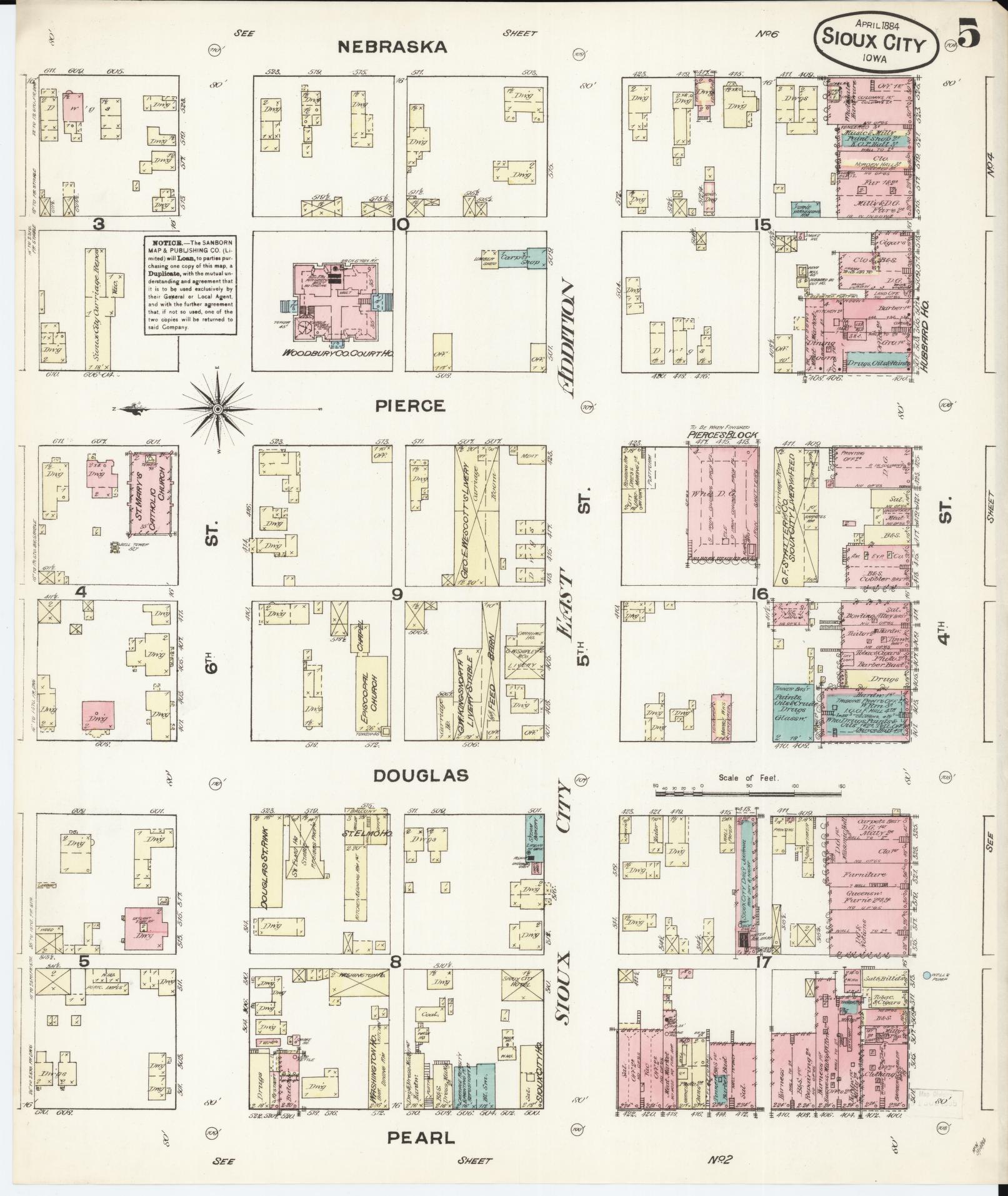 Sanborn Fire Insurance Map from Sioux City, Woodbury County, Iowa (1884), Sheet #0005 - Historic Sanborn Fire Insurance Map Print, vintage old map wall art
