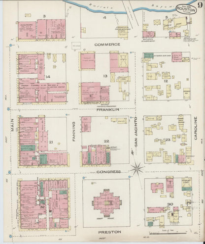 Sanborn Fire Insurance Map from Houston, Harris County, Texas (1885), Sheet #0009 - Historic Sanborn Fire Insurance Map Print, vintage old map wall art, antique decor, genealogy gift, Texas Texas map