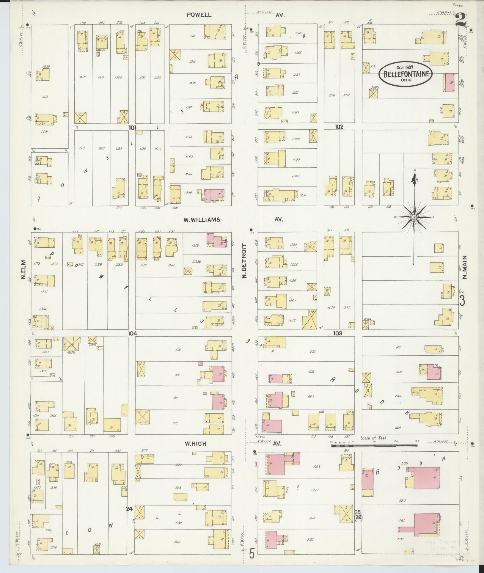 Sanborn Fire Insurance Map from Bellefontaine, Logan County, Ohio (1907), Sheet #0002 - Historic Sanborn Fire Insurance Map Print, vintage old map wall art, antique decor, genealogy gift, Ohio Ohio map