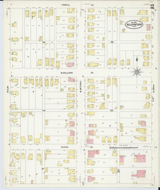 Sanborn Fire Insurance Map from Bellefontaine, Logan County, Ohio (1907), Sheet #0002 - Historic Sanborn Fire Insurance Map Print, vintage old map wall art, antique decor, genealogy gift, Ohio Ohio map
