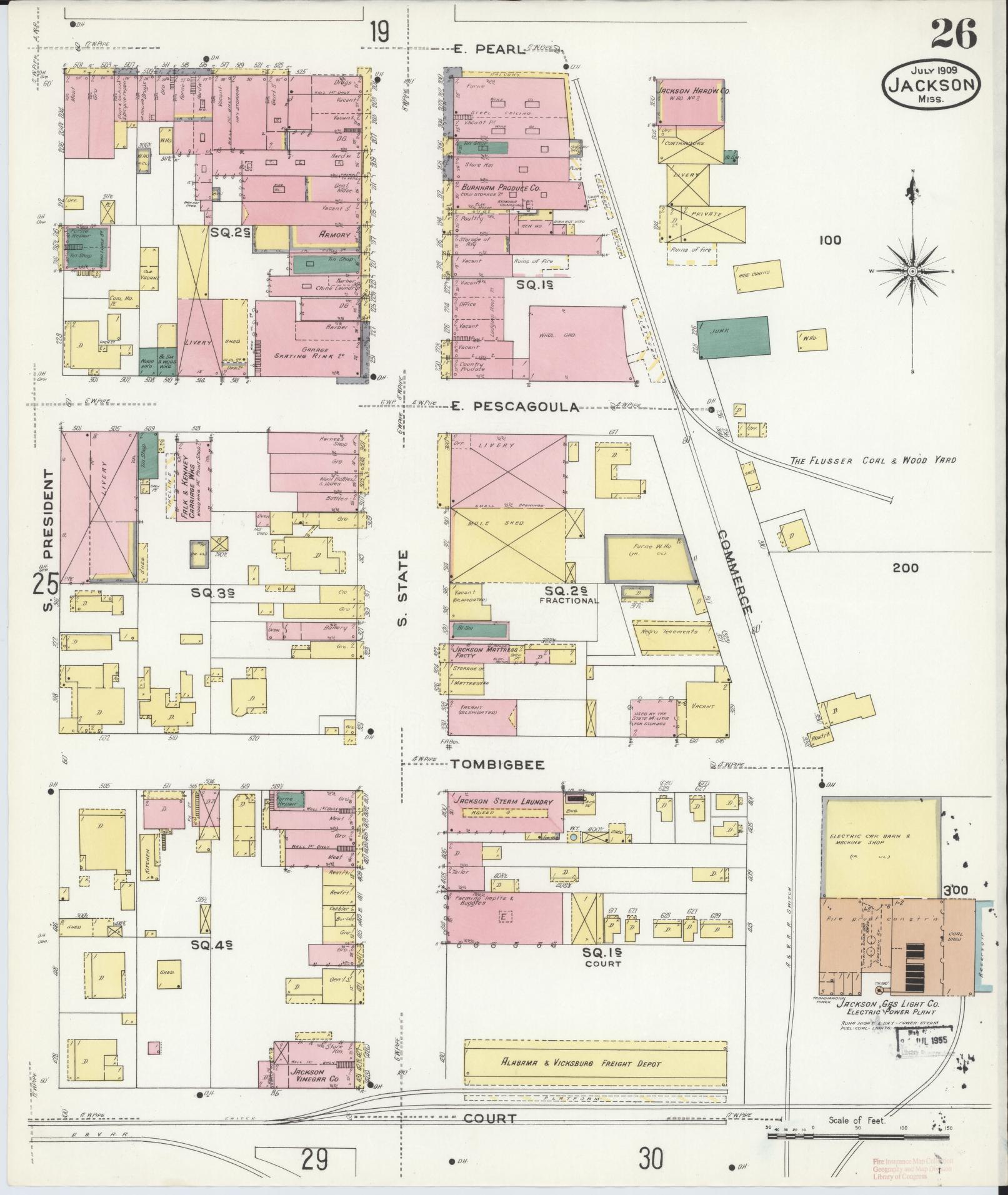 Sanborn Fire Insurance Map from Jackson, Hinds County, Mississippi (1909), Sheet #0026 - Historic Sanborn Fire Insurance Map Print, vintage old map wall art, antique decor, genealogy gift, Mississippi Mississippi map
