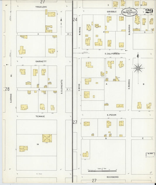 Sanborn Fire Insurance Map from Gainesville, Cooke County, Texas (1908), Sheet #0029 - Historic Sanborn Fire Insurance Map Print, vintage old map wall art, antique decor, genealogy gift, Texas Texas map