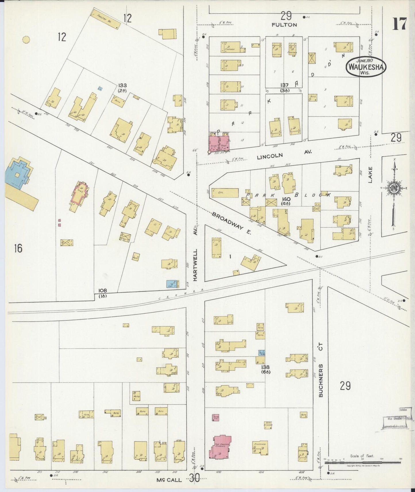 Sanborn Fire Insurance Map from Waukesha, Waukesha County, Wisconsin (1917), Sheet #0017 - Historic Sanborn Fire Insurance Map Print, vintage old map wall art, antique decor, genealogy gift, Wisconsin Wisconsin map