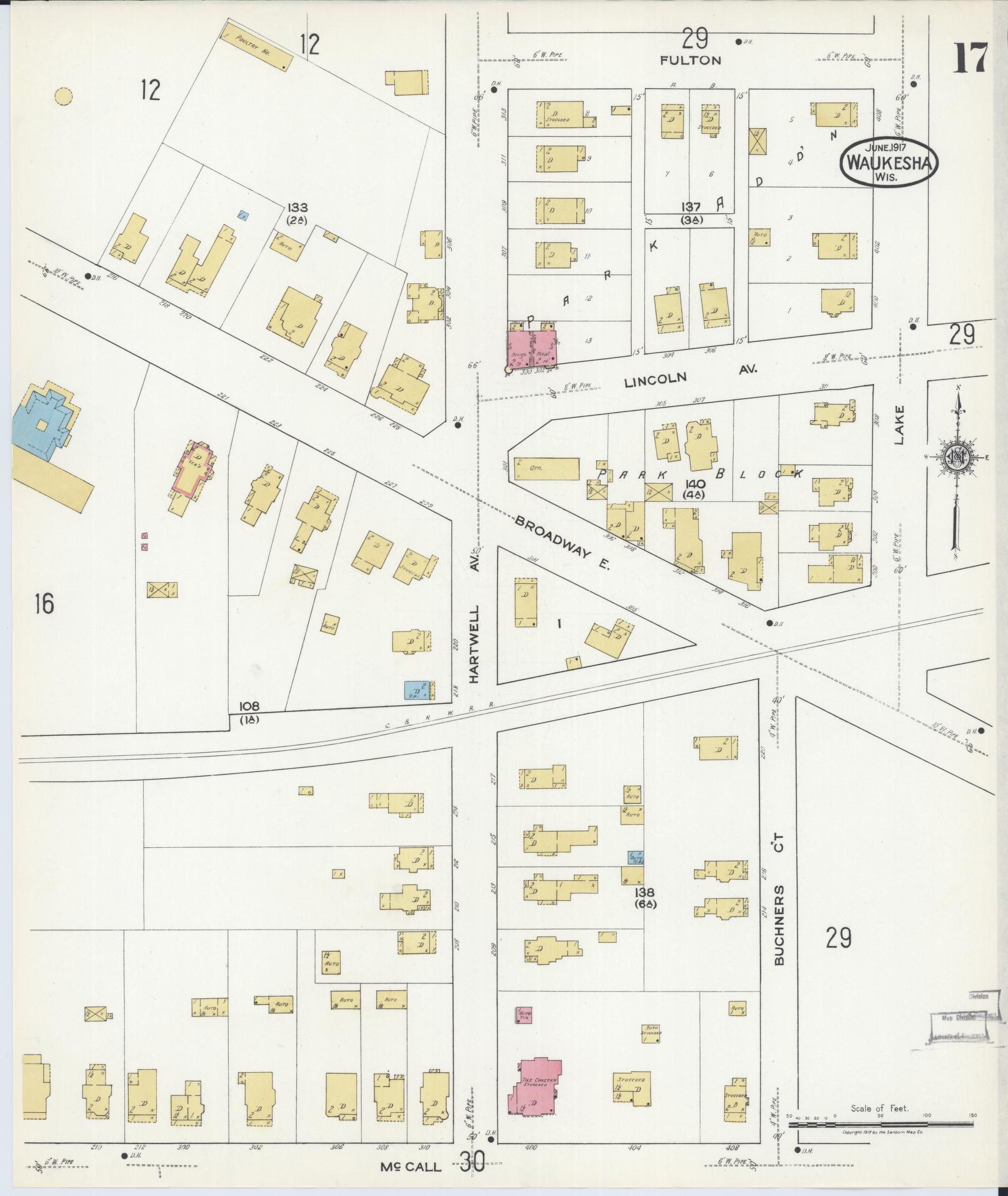 Sanborn Fire Insurance Map from Waukesha, Waukesha County, Wisconsin (1917), Sheet #0017 - Historic Sanborn Fire Insurance Map Print, vintage old map wall art, antique decor, genealogy gift, Wisconsin Wisconsin map