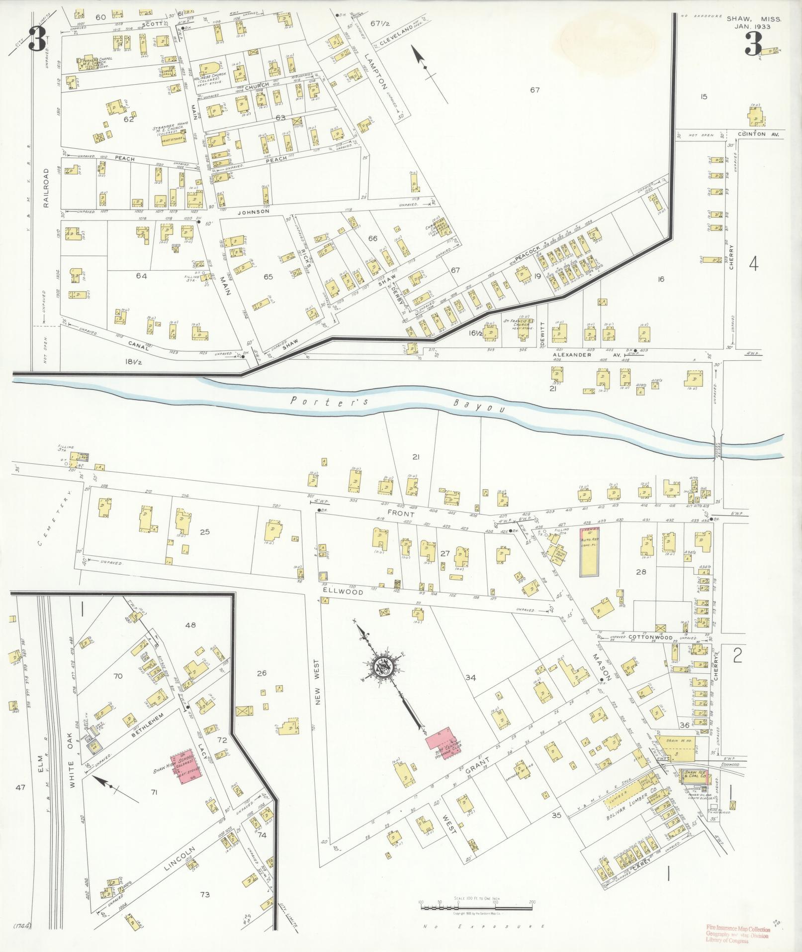 Sanborn Fire Insurance Map from Shaw, Bolivar County, Mississippi (1933), Sheet #0003 - Complete Map Set gallery image, historic Sanborn map, vintage wall art, Mississippi Mississippi