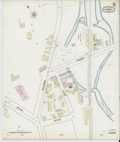Sanborn Fire Insurance Map from Adams, Berkshire County, Massachusetts (1889), Sheet #0005 - Historic Sanborn Fire Insurance Map Print, vintage old map wall art, antique decor, genealogy gift, Massachusetts Massachusetts map