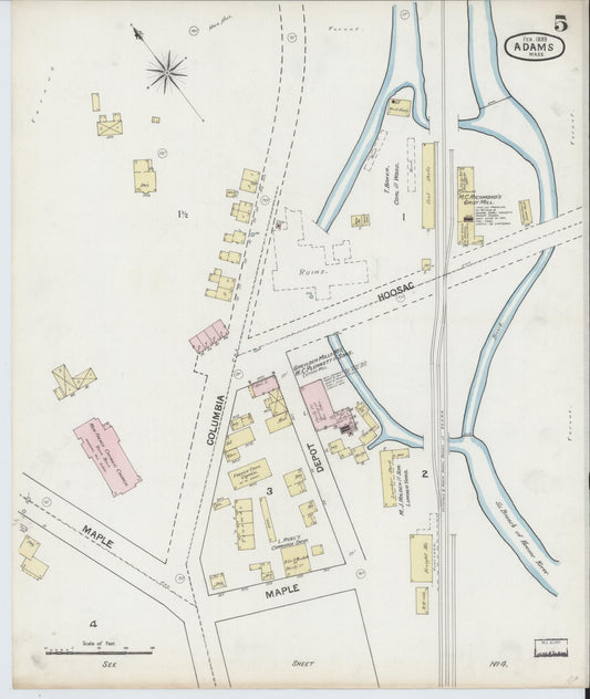 Sanborn Fire Insurance Map from Adams, Berkshire County, Massachusetts (1889), Sheet #0005 - Historic Sanborn Fire Insurance Map Print, vintage old map wall art, antique decor, genealogy gift, Massachusetts Massachusetts map