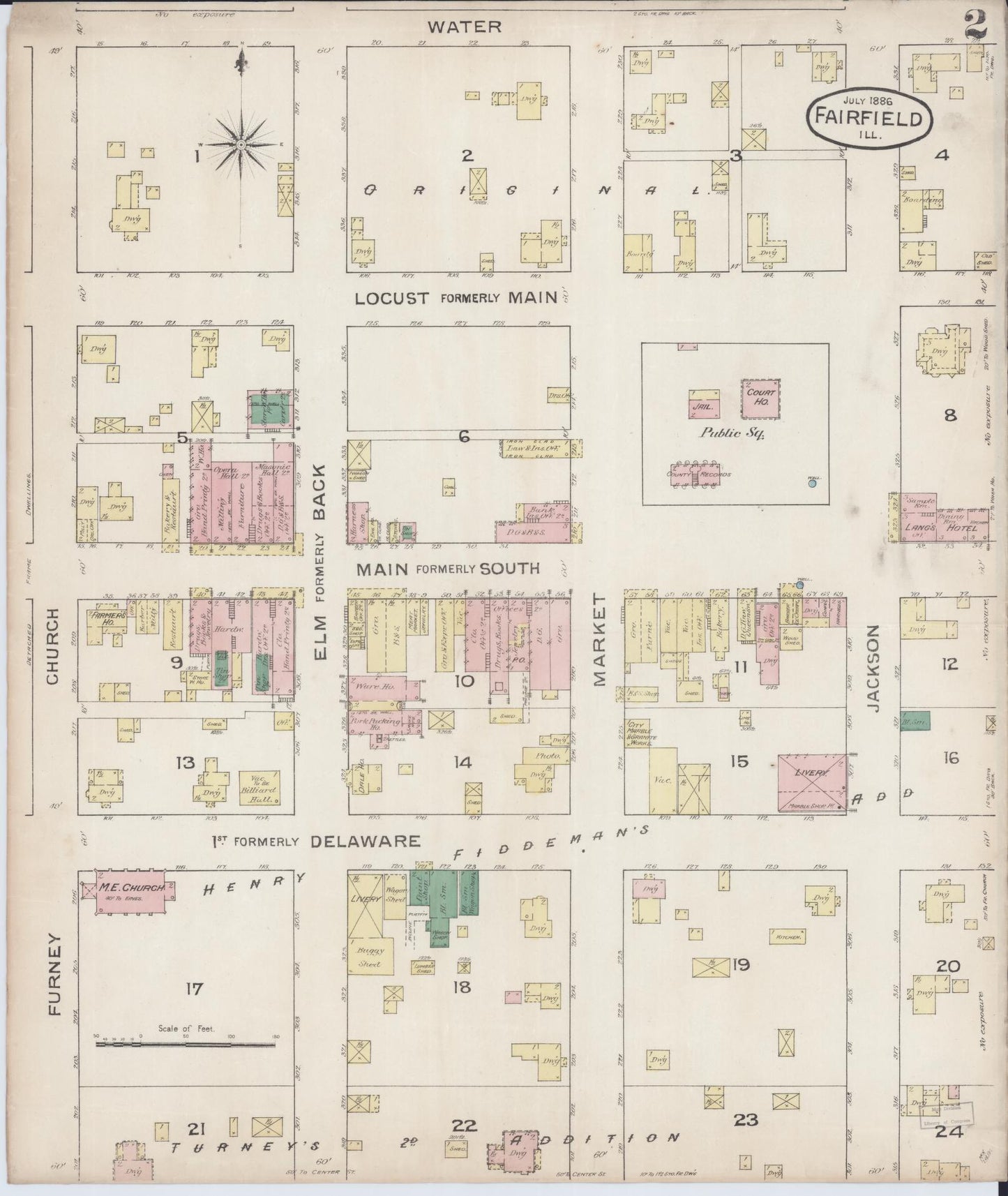 Sanborn Fire Insurance Map from Fairfield, Wayne County, Illinois (1886), Sheet #0002 - Complete Map Set gallery image, historic Sanborn map, vintage wall art, Illinois Illinois