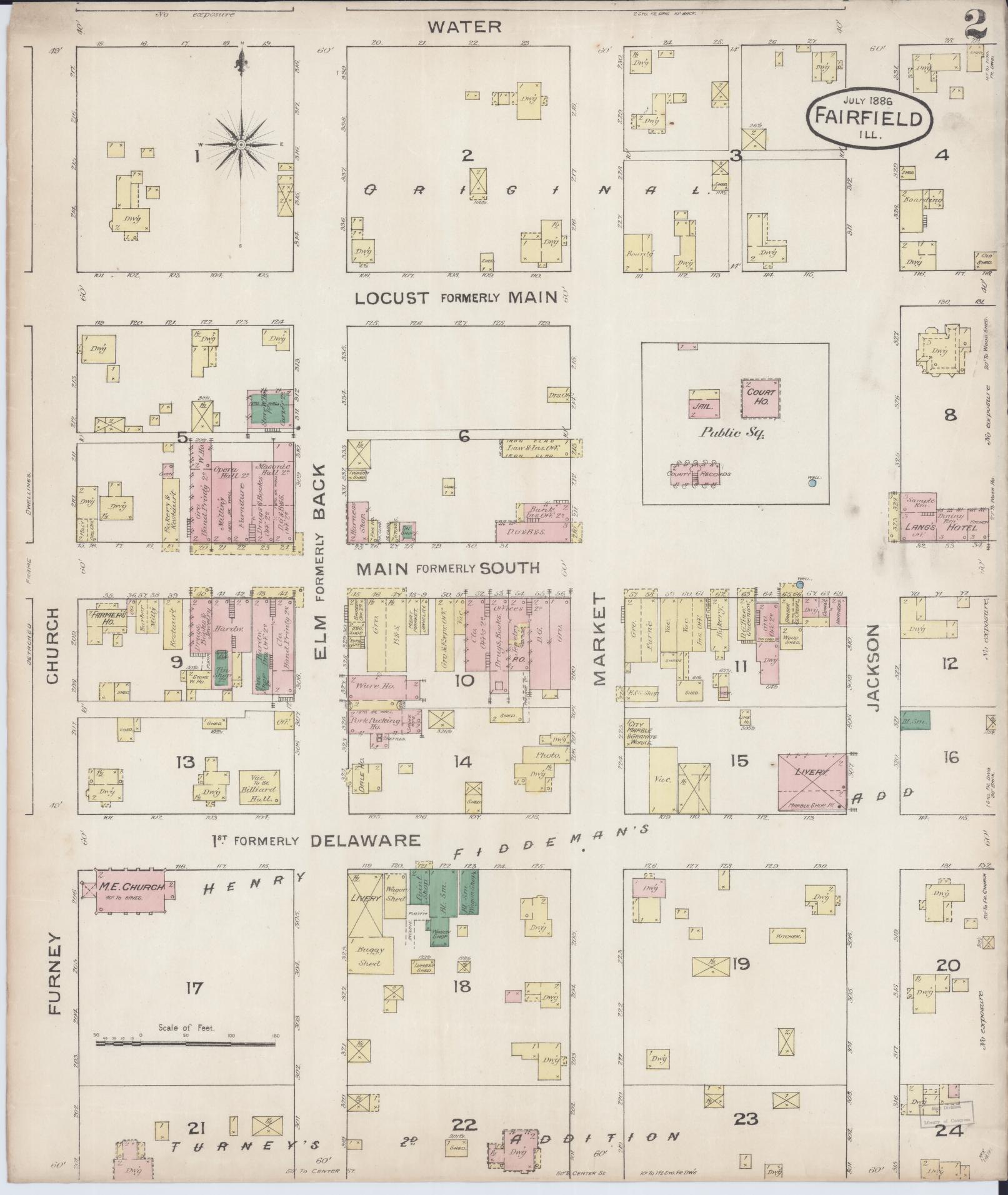 Sanborn Fire Insurance Map from Fairfield, Wayne County, Illinois (1886), Sheet #0002 - Complete Map Set gallery image, historic Sanborn map, vintage wall art, Illinois Illinois