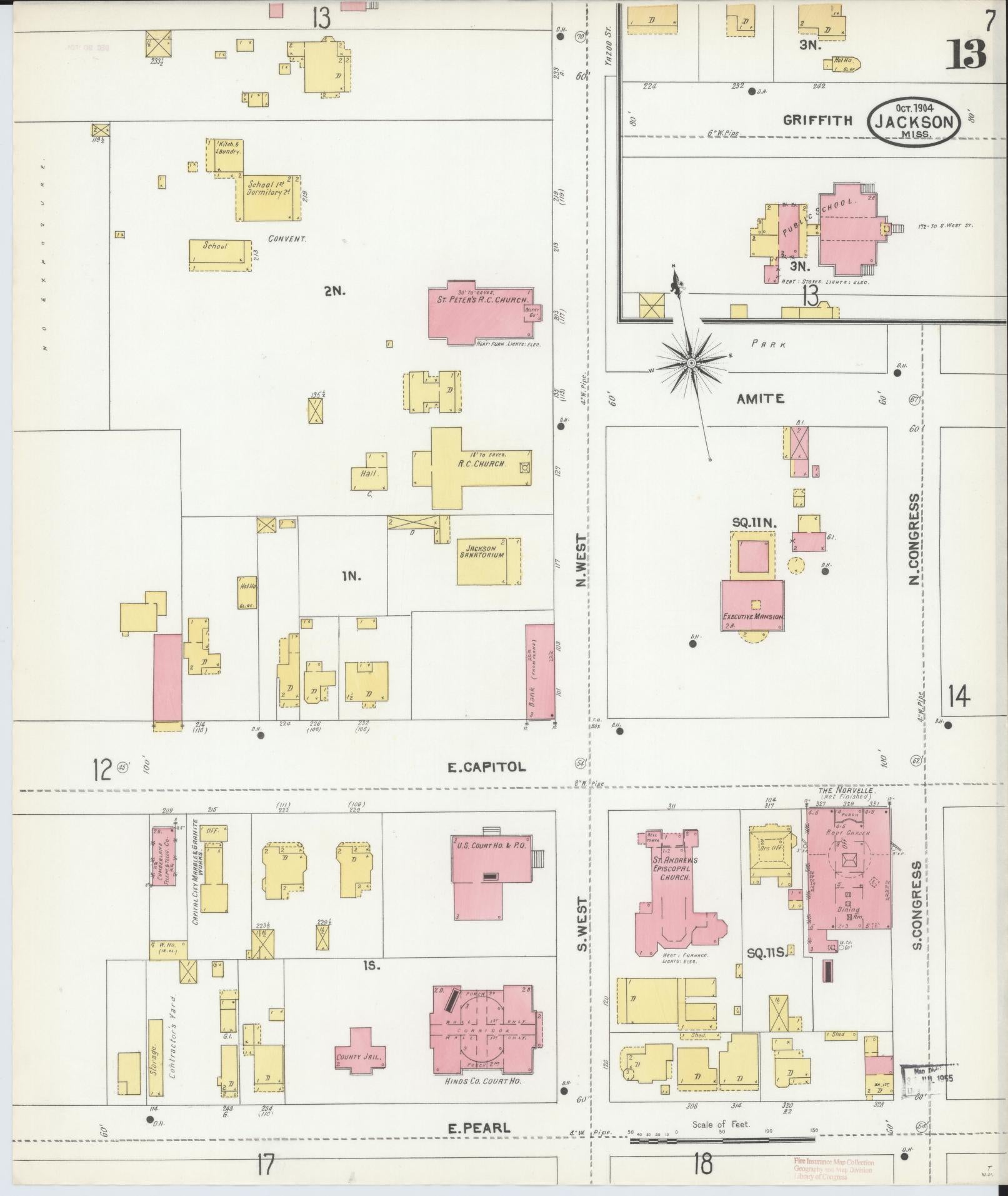 Sanborn Fire Insurance Map from Jackson, Hinds County, Mississippi (1904), Sheet #0013 - Historic Sanborn Fire Insurance Map Print, vintage old map wall art, antique decor, genealogy gift, Mississippi Mississippi map