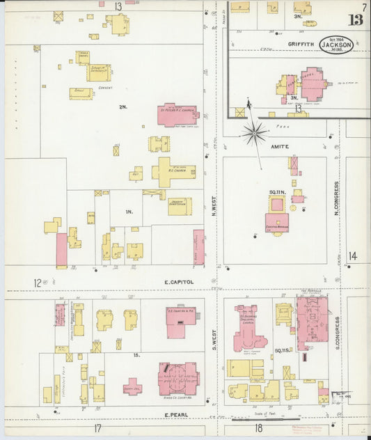 Sanborn Fire Insurance Map from Jackson, Hinds County, Mississippi (1904), Sheet #0013 - Historic Sanborn Fire Insurance Map Print, vintage old map wall art, antique decor, genealogy gift, Mississippi Mississippi map