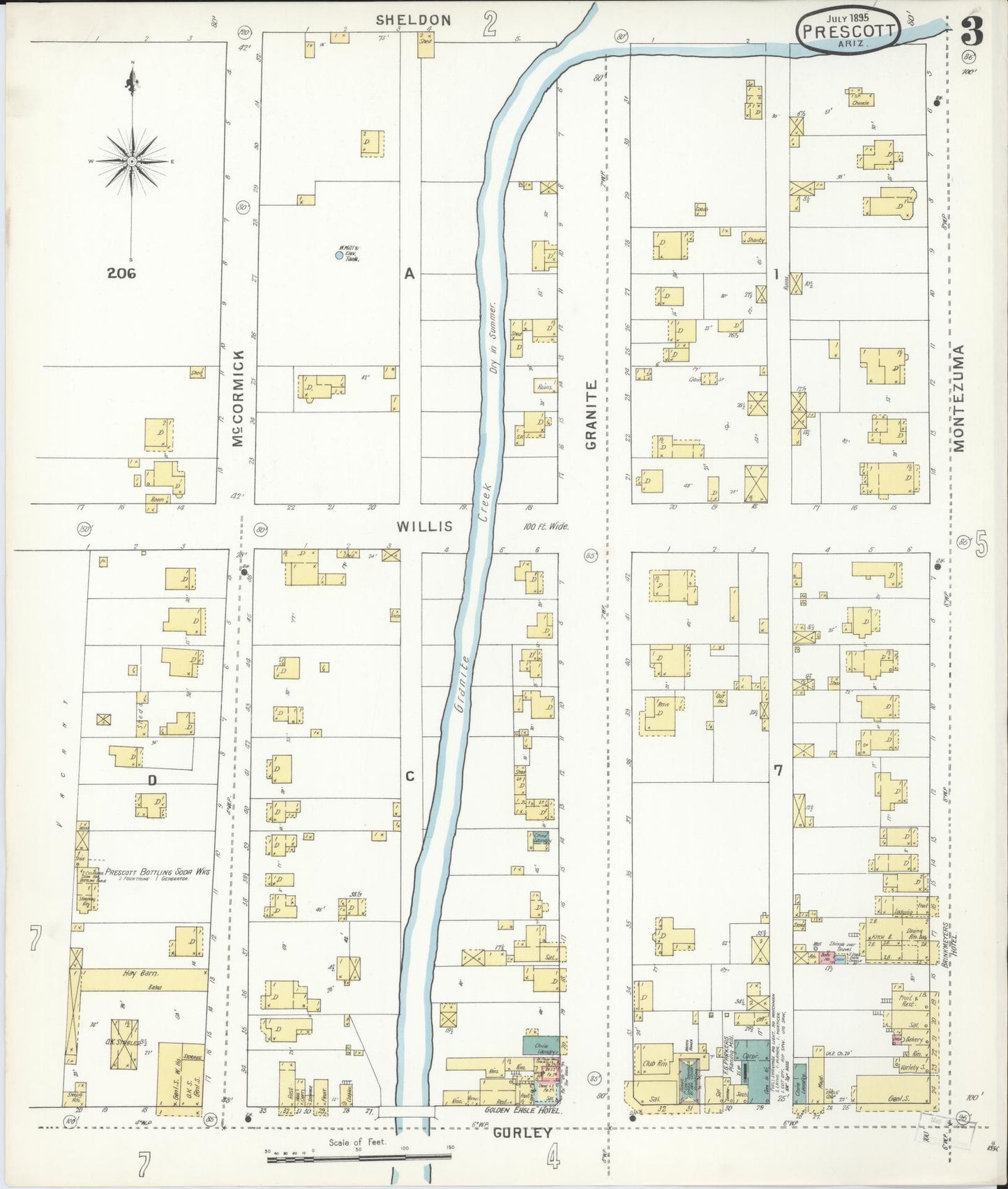 Sanborn Fire Insurance Map from Prescott, Yavapai County, Arizona (1895), Sheet #0003 - Historic Sanborn Fire Insurance Map Print, vintage old map wall art, antique decor, genealogy gift, Arizona Arizona map