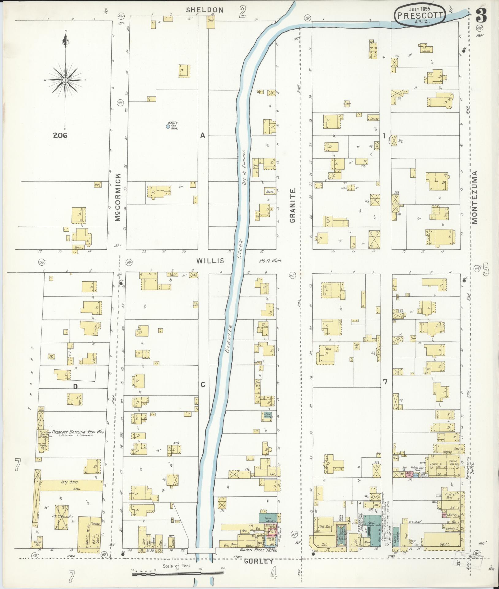 Sanborn Fire Insurance Map from Prescott, Yavapai County, Arizona (1895), Sheet #0003 - Historic Sanborn Fire Insurance Map Print, vintage old map wall art, antique decor, genealogy gift, Arizona Arizona map