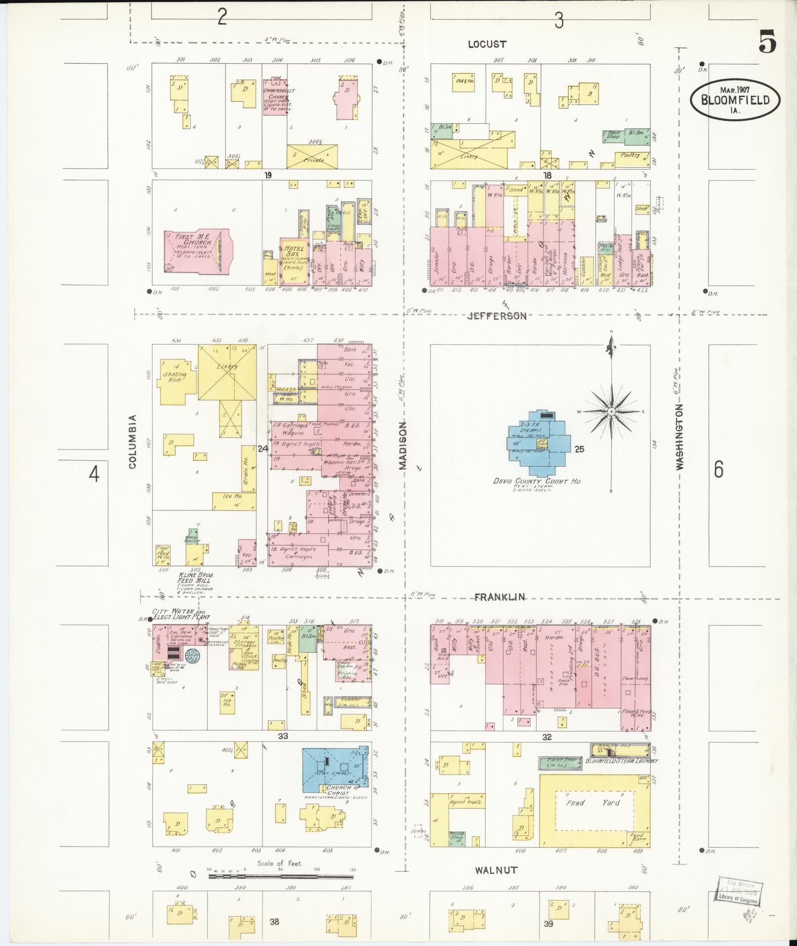 Sanborn Fire Insurance Map from Bloomfield, Davis County, Iowa (1907), Sheet #0005 - Historic Sanborn Fire Insurance Map Print, vintage old map wall art