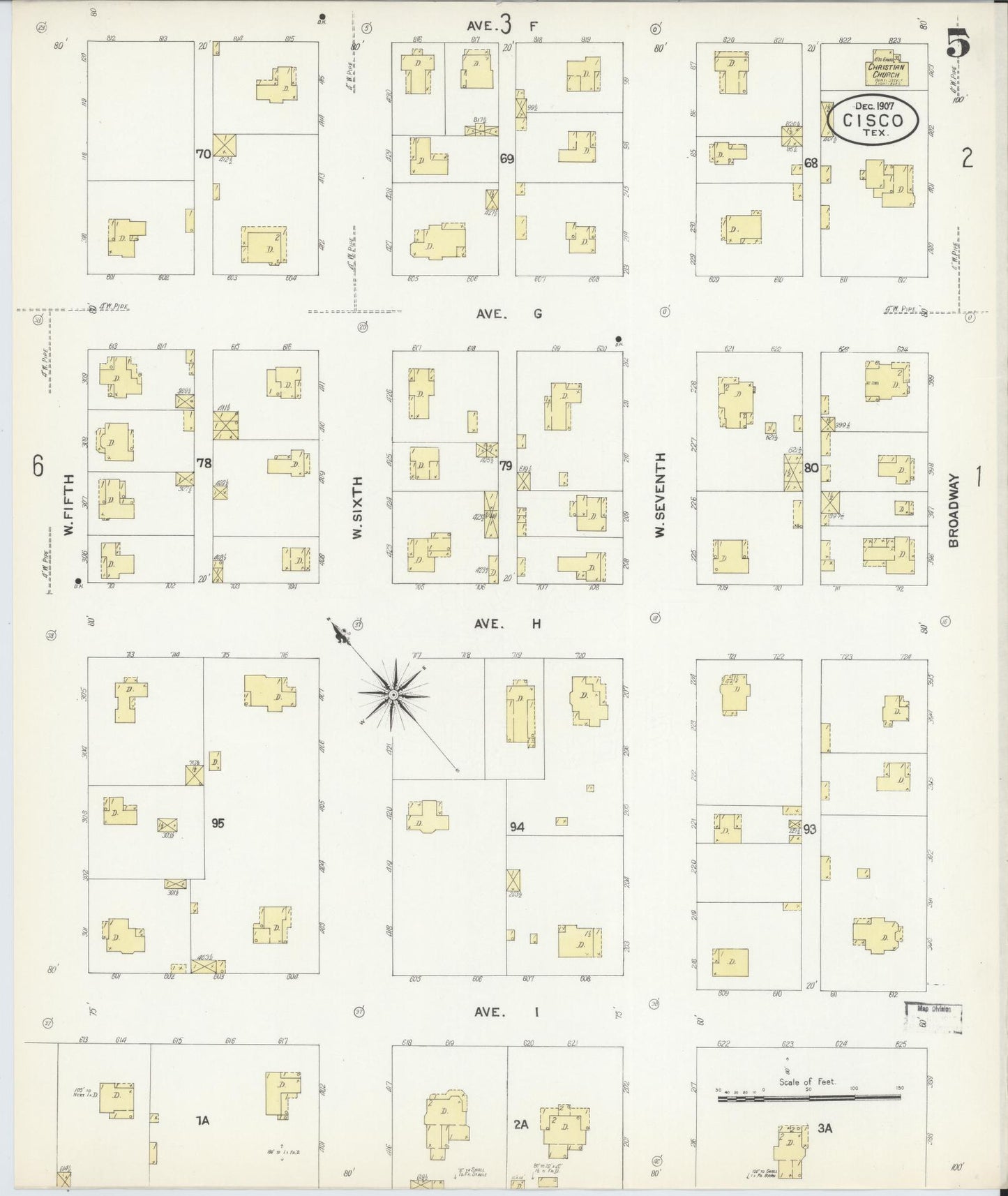 Sanborn Fire Insurance Map from Cisco, Eastland County, Texas (1907), Sheet #0005 - Historic Sanborn Fire Insurance Map Print, vintage old map wall art, antique decor, genealogy gift, Texas Texas map