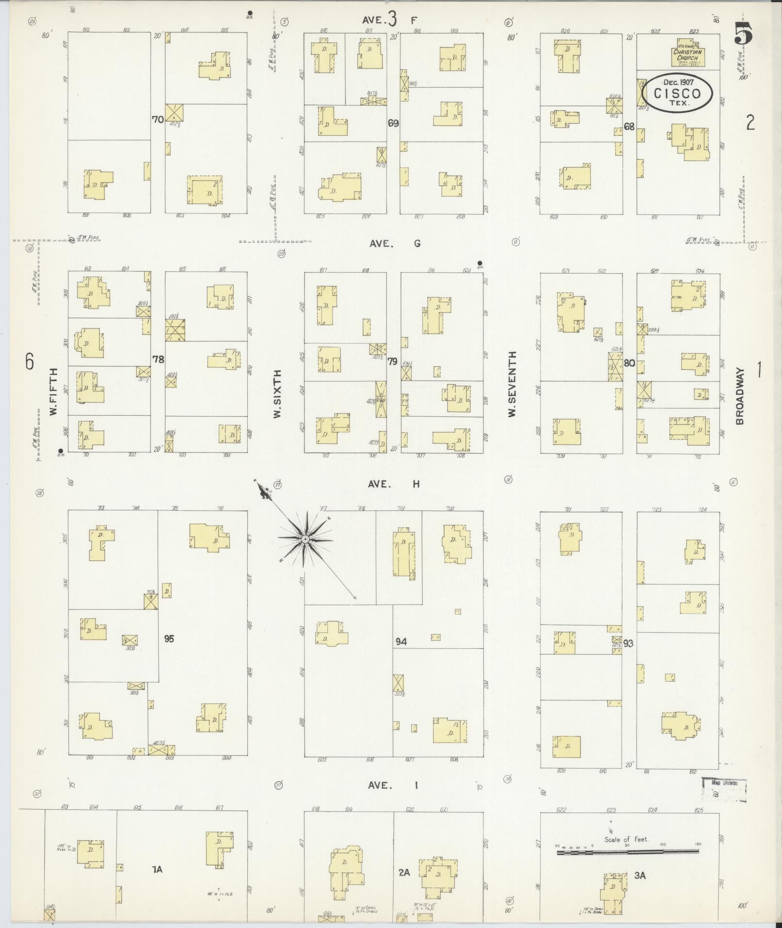 Sanborn Fire Insurance Map from Cisco, Eastland County, Texas (1907), Sheet #0005 - Historic Sanborn Fire Insurance Map Print, vintage old map wall art, antique decor, genealogy gift, Texas Texas map