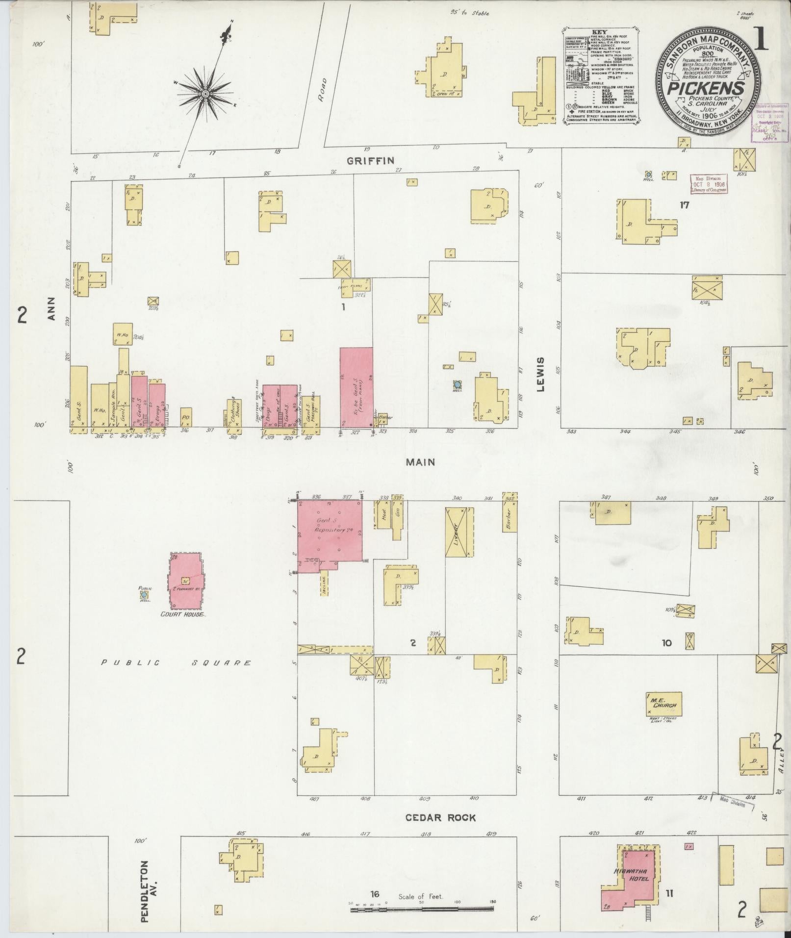 Sanborn Fire Insurance Map from Pickens, Pickens County, South Carolina (1906), Sheet #0001 - Historic Sanborn Fire Insurance Map Print, vintage old map wall art, antique decor, genealogy gift, South Carolina South Carolina map