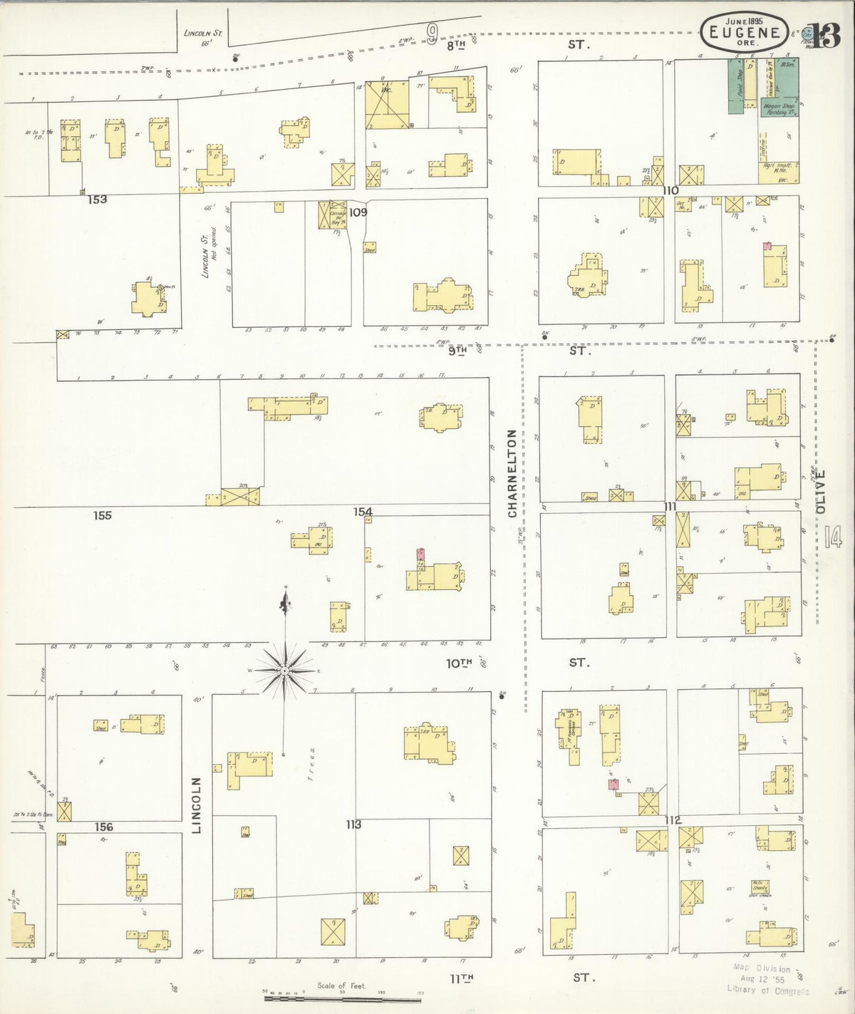 Sanborn Fire Insurance Map from Eugene, Lane County, Oregon (1896), Sheet #0013 - Historic Sanborn Fire Insurance Map Print, vintage old map wall art, antique decor, genealogy gift, Oregon Oregon map
