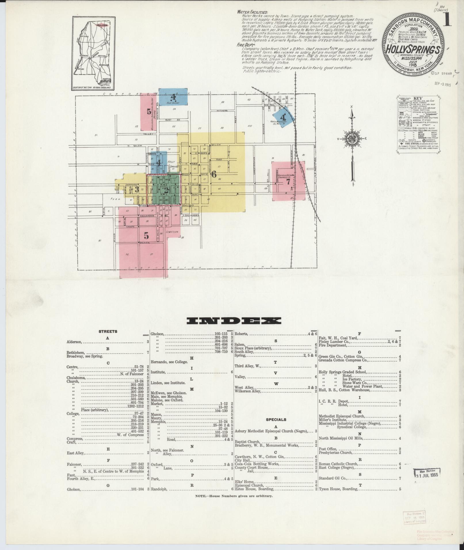 Sanborn Fire Insurance Map from Holly Springs, Marshall County, Mississippi (1915), Sheet #0001 - Historic Sanborn Fire Insurance Map Print, vintage old map wall art, antique decor, genealogy gift, Mississippi Mississippi map