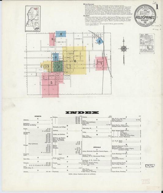 Sanborn Fire Insurance Map from Holly Springs, Marshall County, Mississippi (1915), Sheet #0001 - Historic Sanborn Fire Insurance Map Print, vintage old map wall art, antique decor, genealogy gift, Mississippi Mississippi map