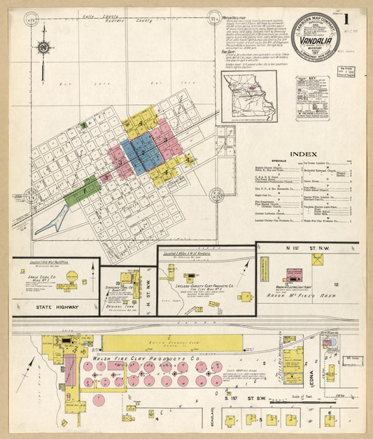 Sanborn Fire Insurance Map from Vandalia, Audrain County, Missouri (1917), Sheet #0001 - Historic Sanborn Fire Insurance Map Print, vintage old map wall art, antique decor, genealogy gift, Missouri Missouri map