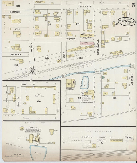 Sanborn Fire Insurance Map from Greenville, Hunt County, Texas (1888), Sheet #0005 - Historic Sanborn Fire Insurance Map Print, vintage old map wall art, antique decor, genealogy gift, Texas Texas map