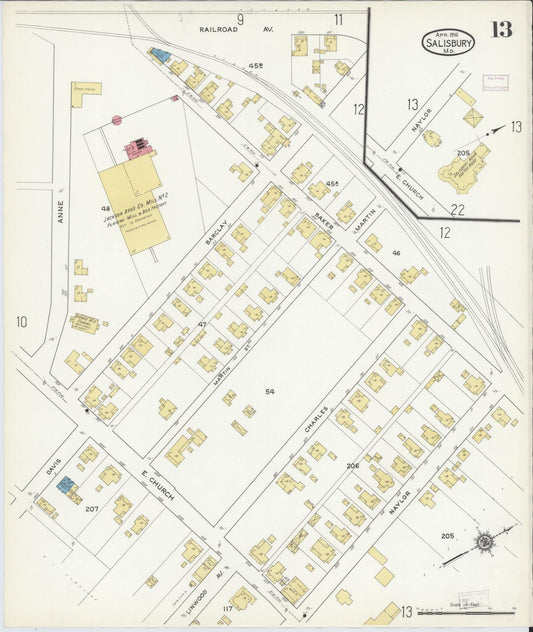 Sanborn Fire Insurance Map from Salisbury, Wicomico County, Maryland (1916), Sheet #0013 - Historic Sanborn Fire Insurance Map Print, vintage old map wall art
