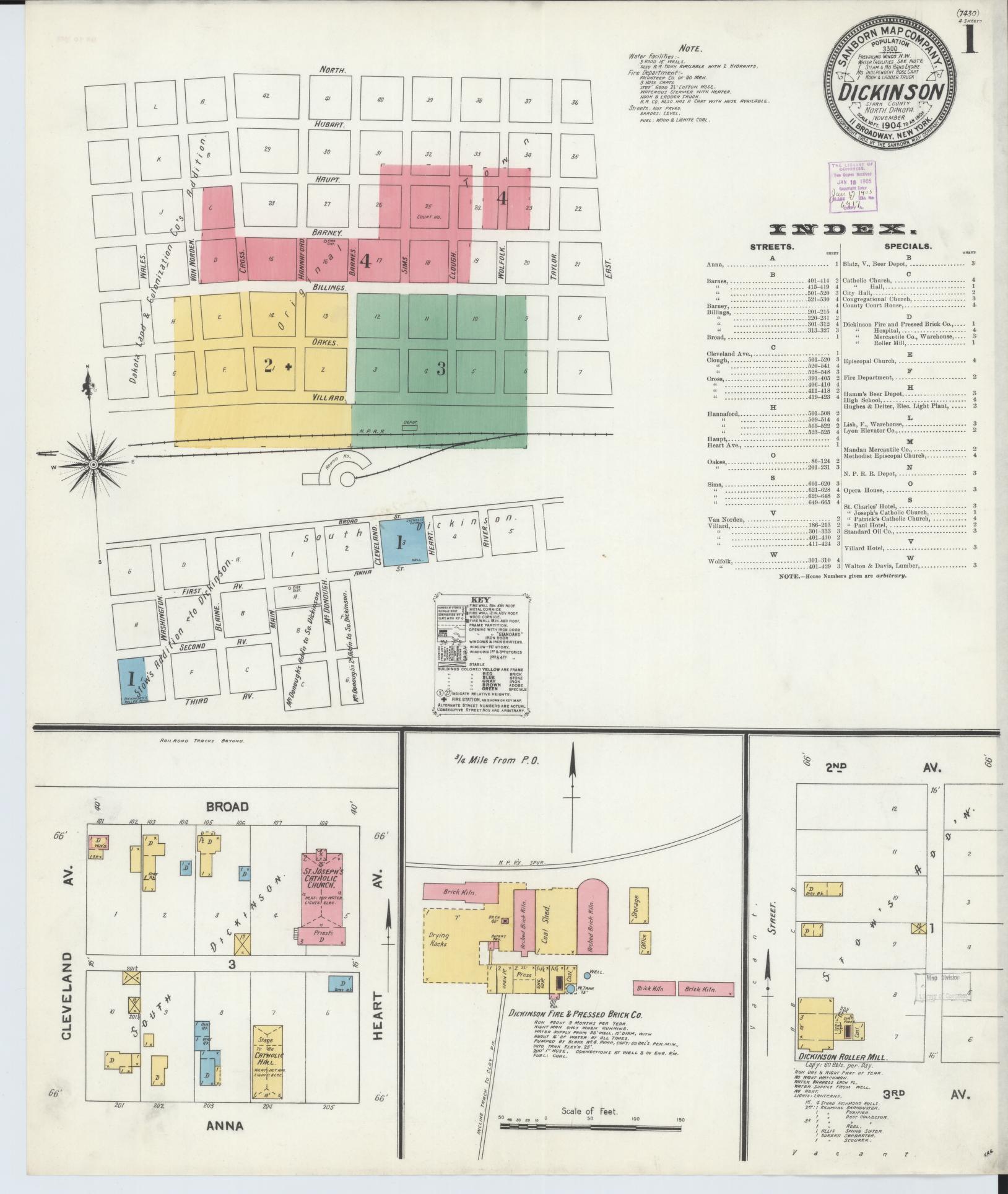 Sanborn Fire Insurance Map from Dickinson, Stark County, North Dakota (1904), Sheet #0001 - Historic Sanborn Fire Insurance Map Print, vintage old map wall art, antique decor, genealogy gift, North Dakota North Dakota map