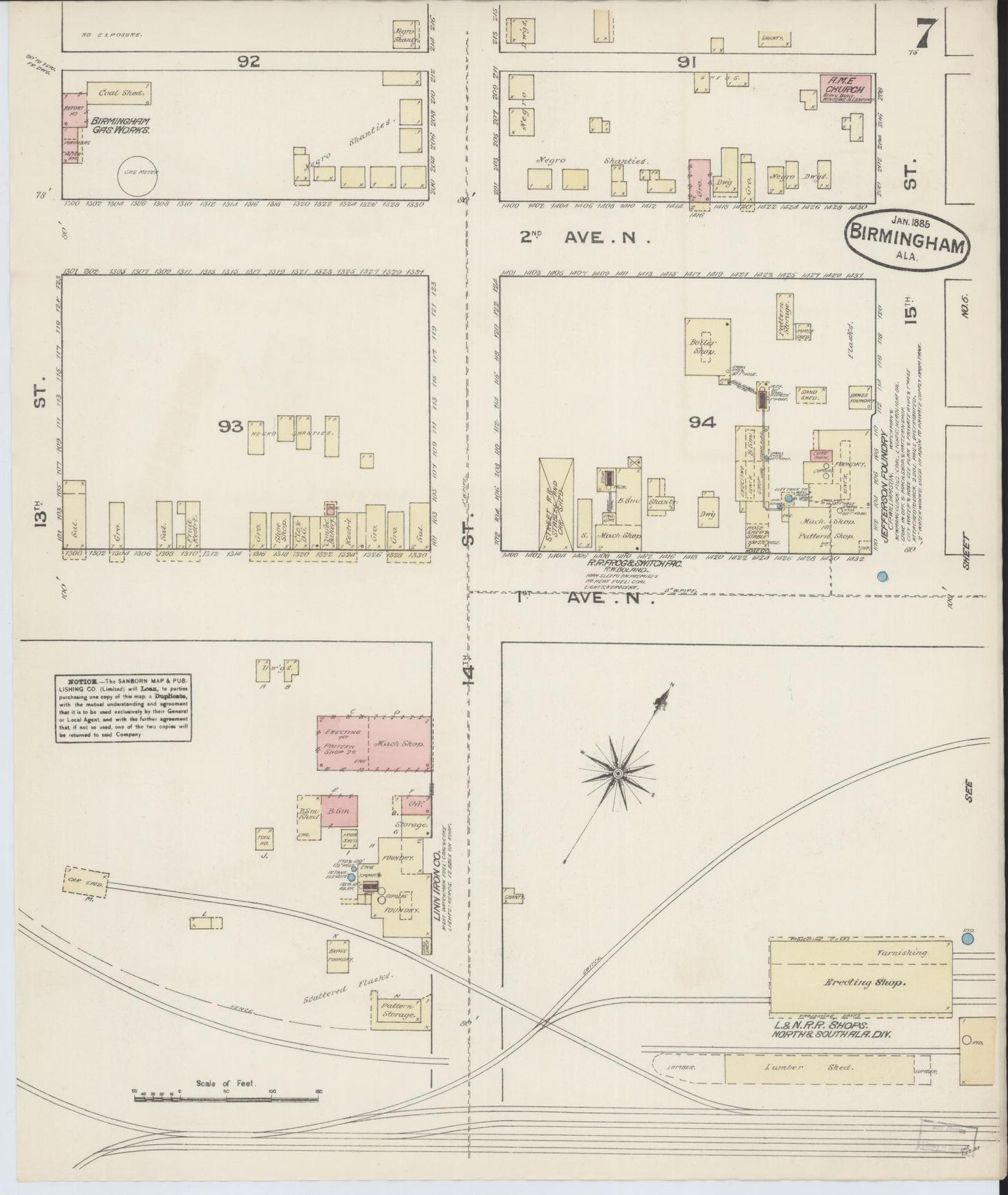Sanborn Fire Insurance Map from Birmingham, Jefferson County, Alabama (1885), Sheet #0007 - Complete Map Set gallery image, historic Sanborn map, vintage wall art, Alabama Alabama