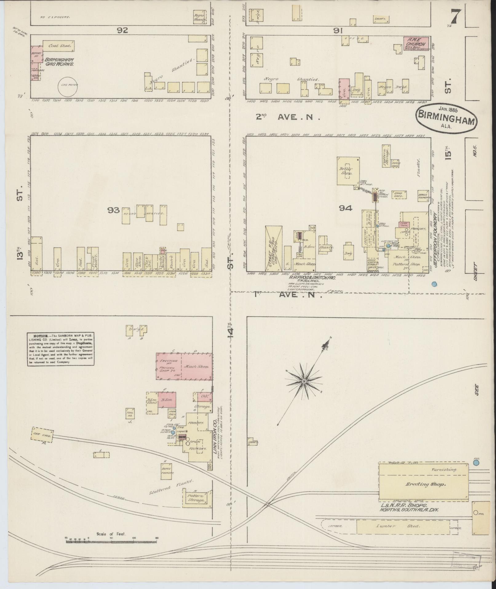 Sanborn Fire Insurance Map from Birmingham, Jefferson County, Alabama (1885), Sheet #0007 - Complete Map Set gallery image, historic Sanborn map, vintage wall art, Alabama Alabama