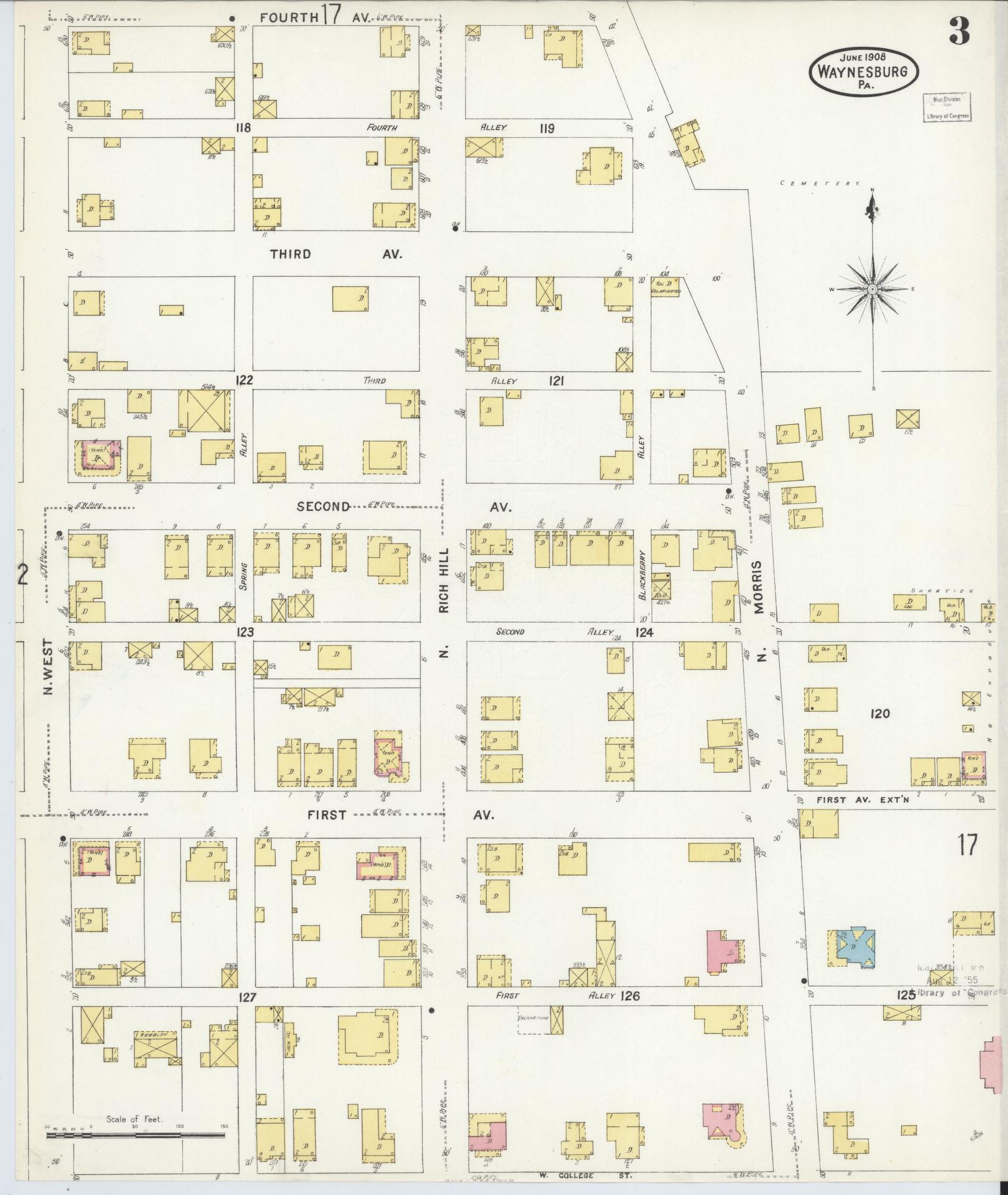 Sanborn Fire Insurance Map from Waynesburg, Greene County, Pennsylvania (1908), Sheet #0003 - Complete Map Set gallery image, historic Sanborn map, vintage wall art, Pennsylvania Pennsylvania