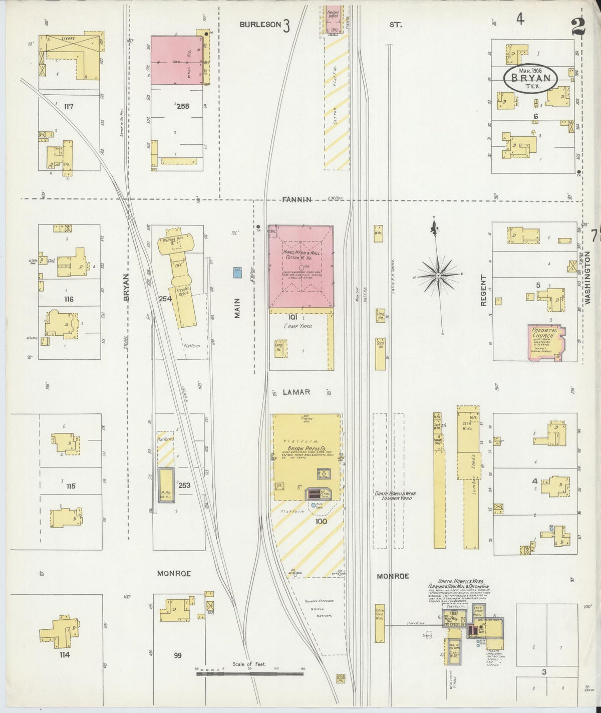 Sanborn Fire Insurance Map from Bryan, Brazos County, Texas (1906), Sheet #0002 - Complete Map Set gallery image, historic Sanborn map, vintage wall art, Texas Texas